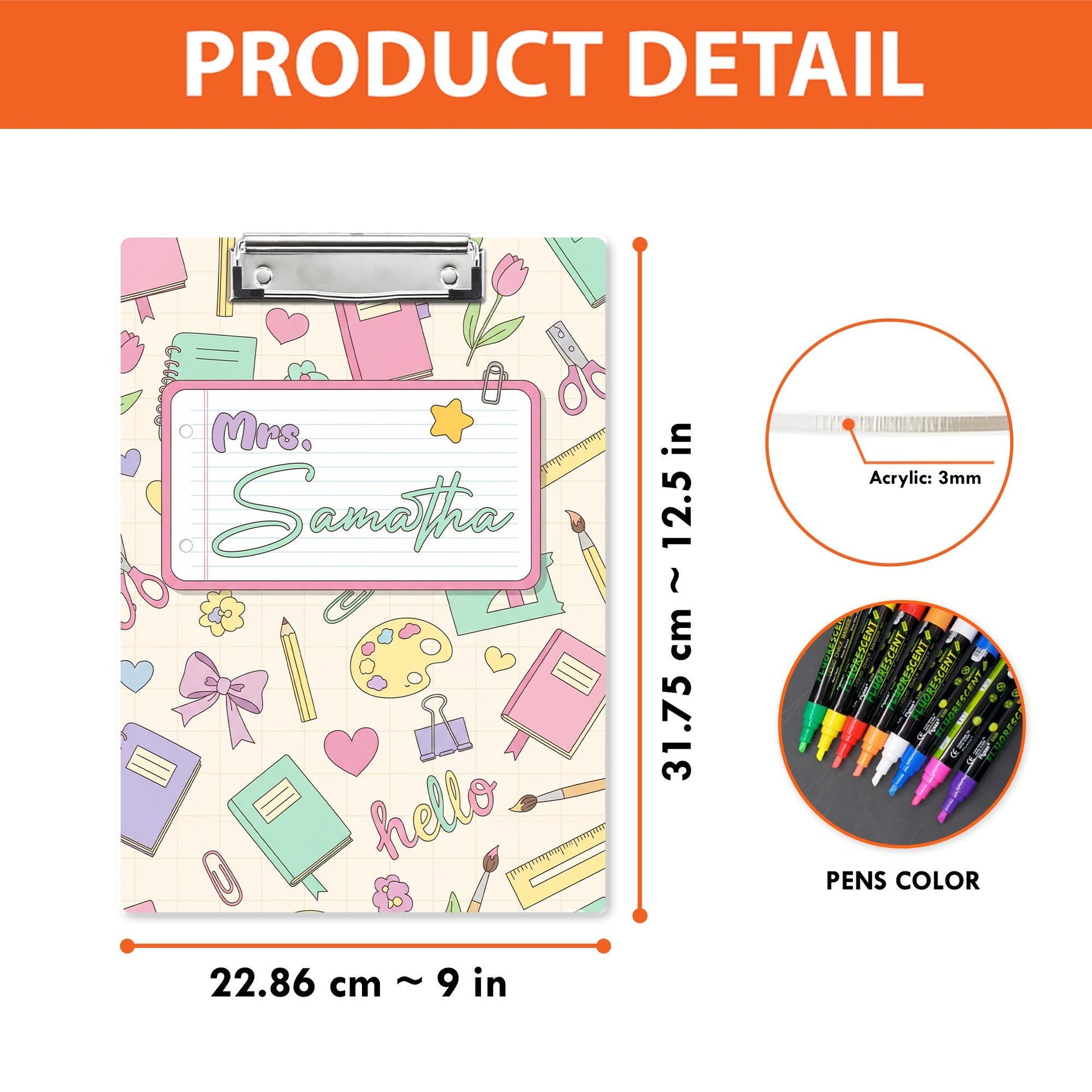 Personalized Teacher Clipboard – Pastel School Supplies Design with Custom Name – Cute Back to School Gift for Educators