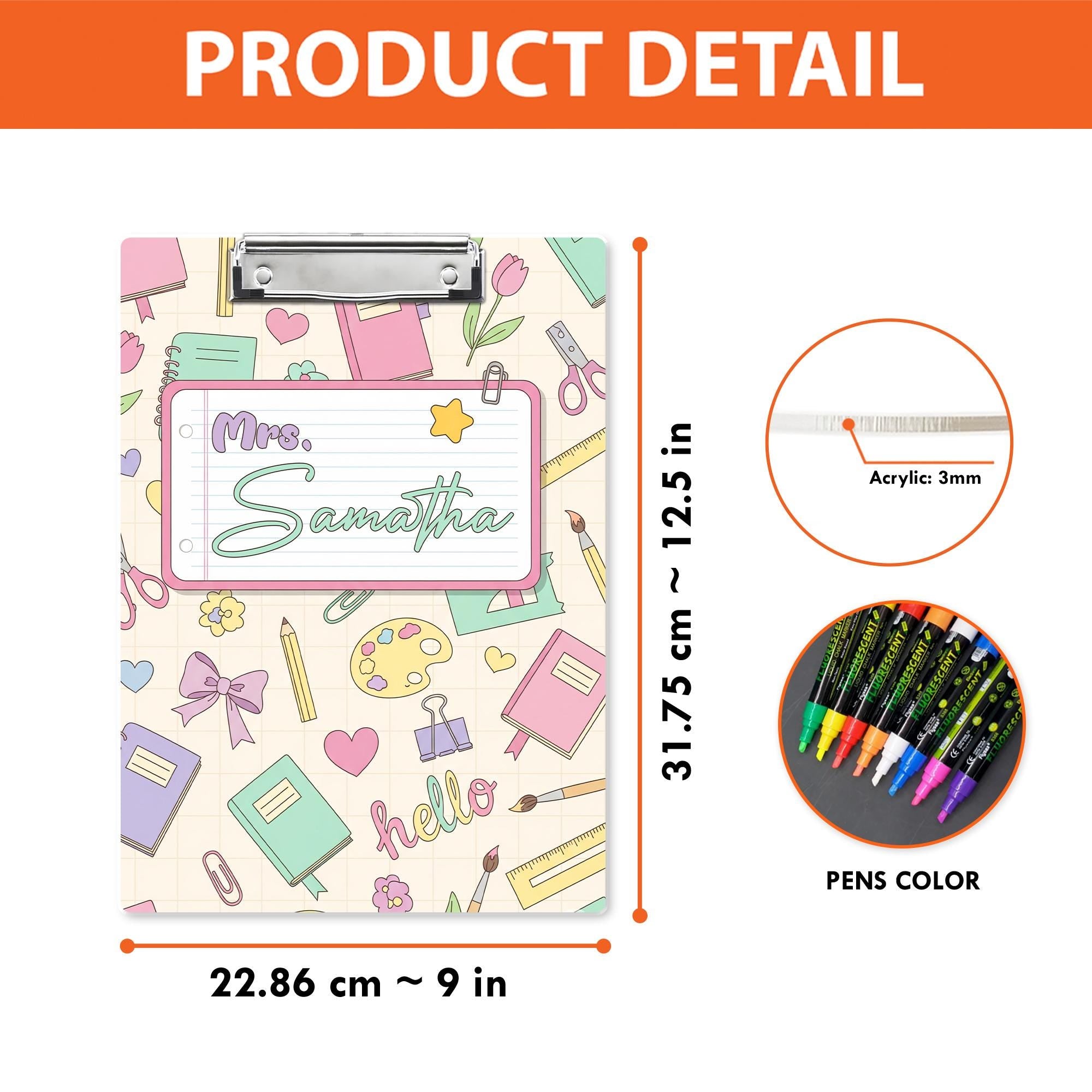 Personalized Teacher Clipboard – Pastel School Supplies Design with Custom Name – Cute Back to School Gift for Educators