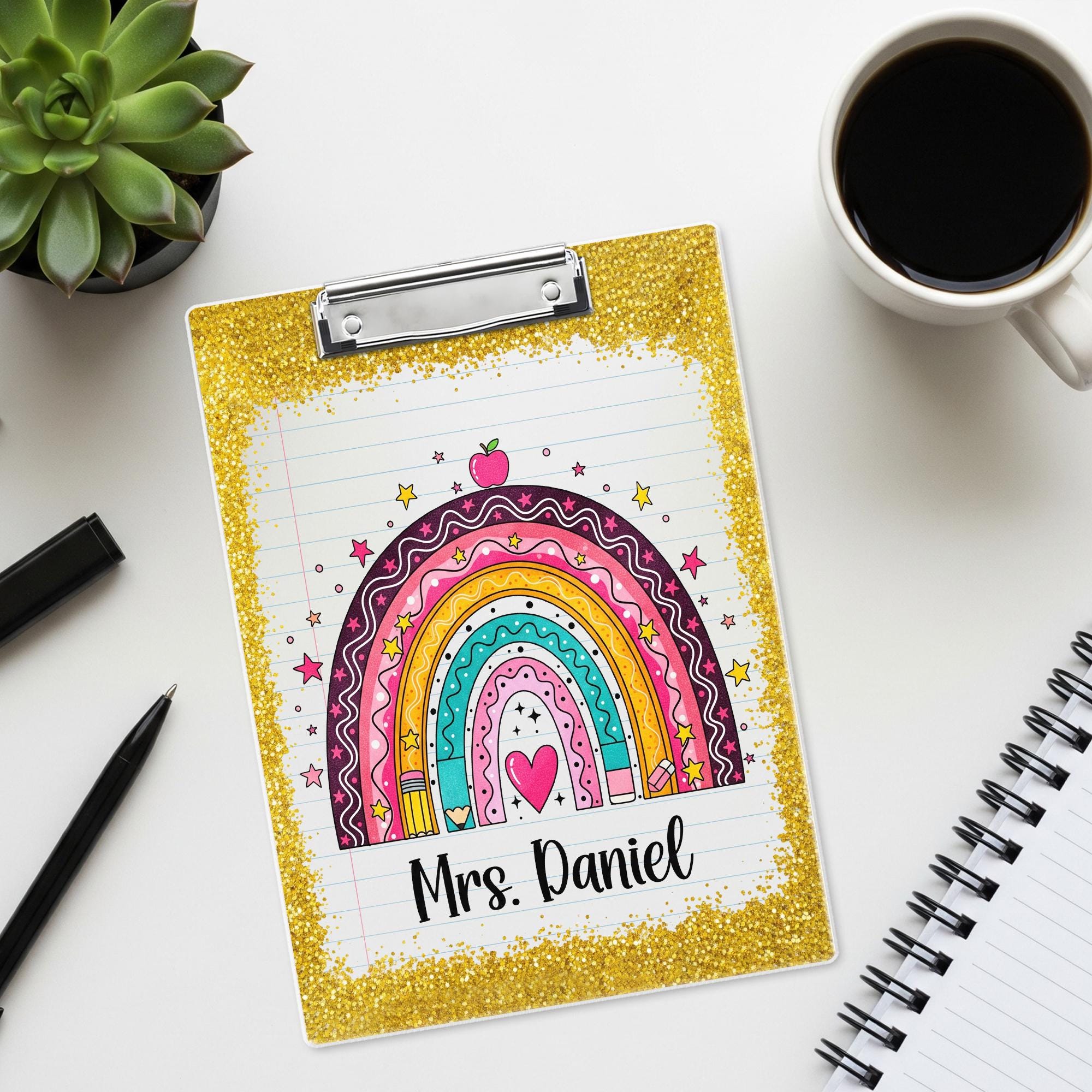 Personalized Teacher Clipboard, Custom Rainbow FAUX Glitter Clipboard, Cute Back to School Gift, Teacher Clipboard, Mrs. Name Gift