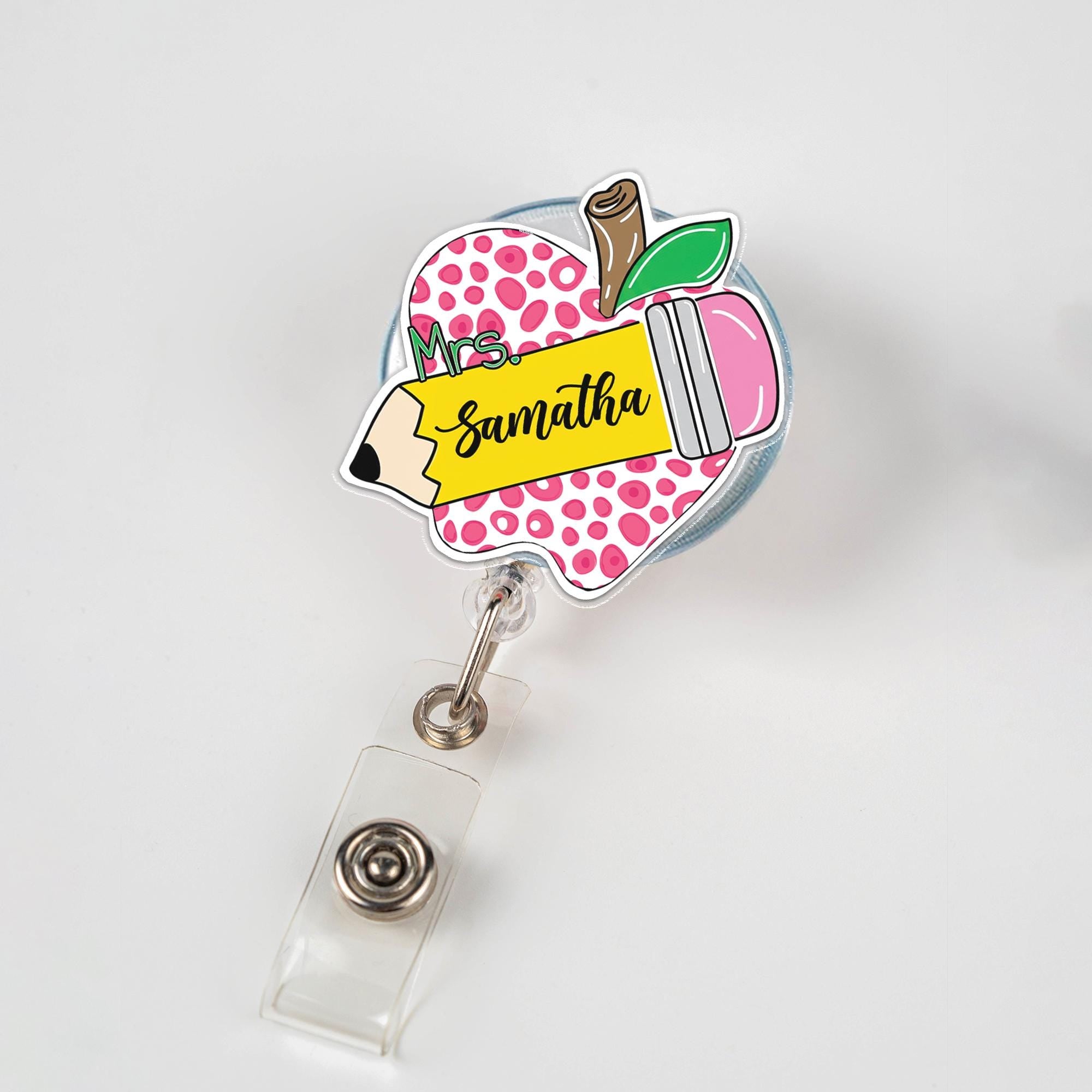 Personalized Teacher Badge Reel – Pink Polka Dot Apple, Pencil Design with Custom Name – Cute Back to School ID Holder, Educators Badge Clip
