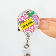 Personalized Teacher Badge Reel – Pink Polka Dot Apple, Pencil Design with Custom Name – Cute Back to School ID Holder, Educators Badge Clip