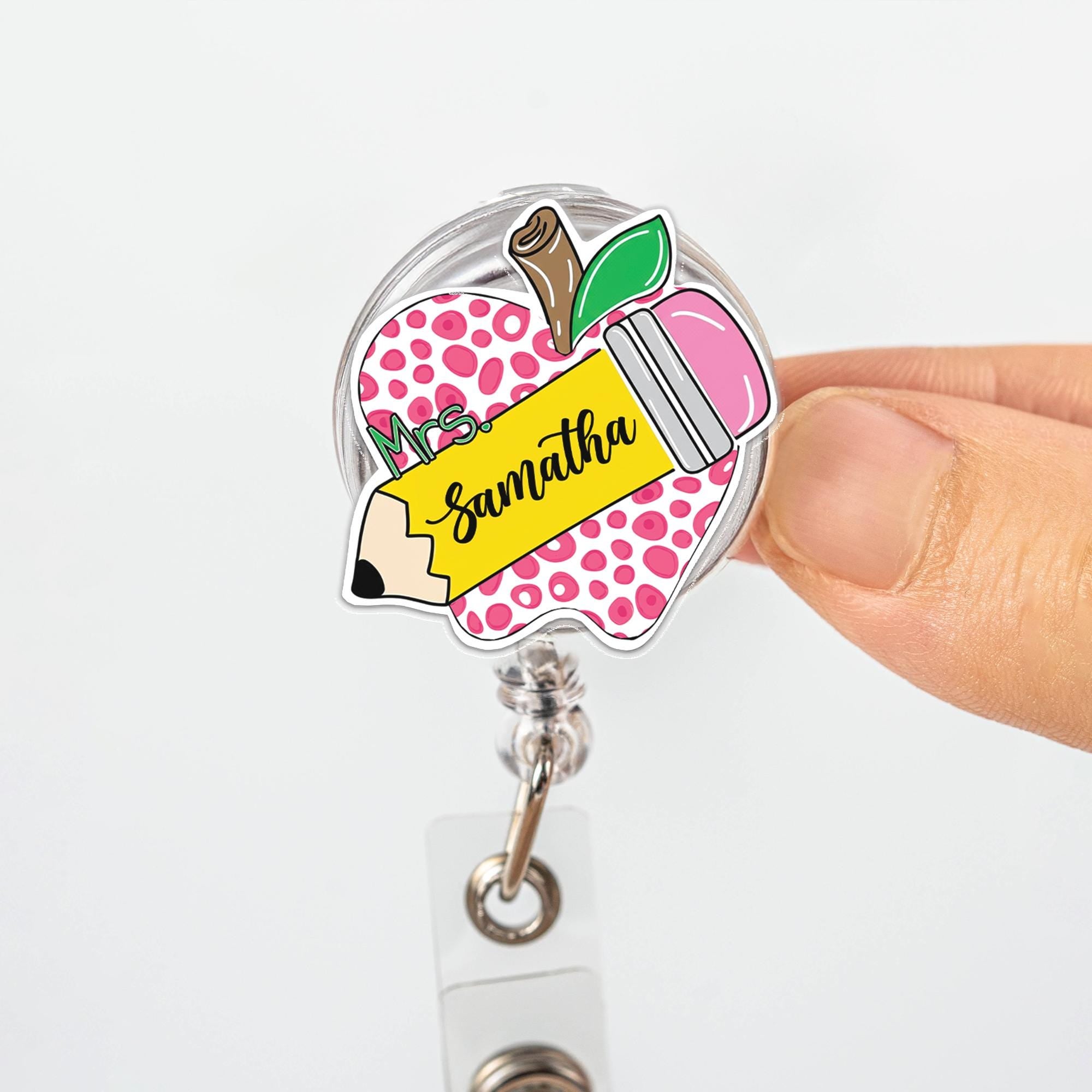 Personalized Teacher Badge Reel – Pink Polka Dot Apple, Pencil Design with Custom Name – Cute Back to School ID Holder, Educators Badge Clip