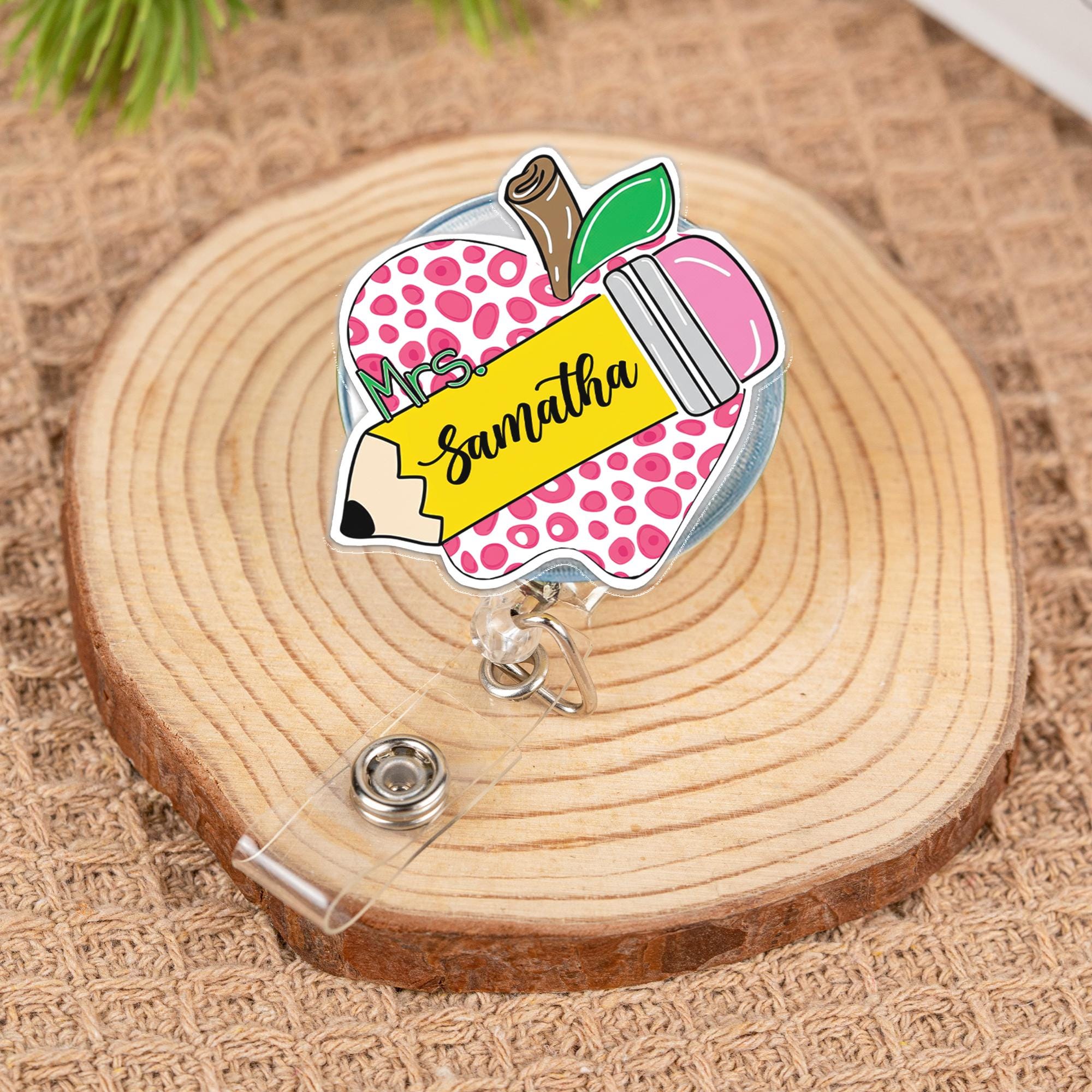 Personalized Teacher Badge Reel – Pink Polka Dot Apple, Pencil Design with Custom Name – Cute Back to School ID Holder, Educators Badge Clip