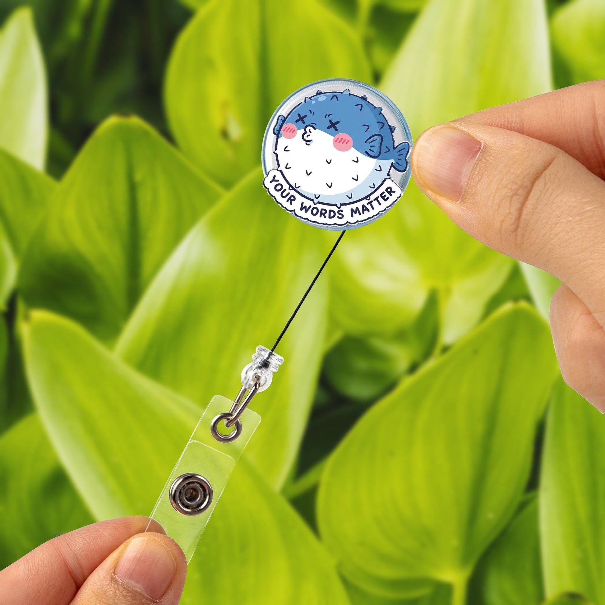 Cute Pufferfish Badge Reel – “Your Words Matter” Positive Message ID Holder – Fun Motivational Gift for Teachers, Nurses, Staff, Educators