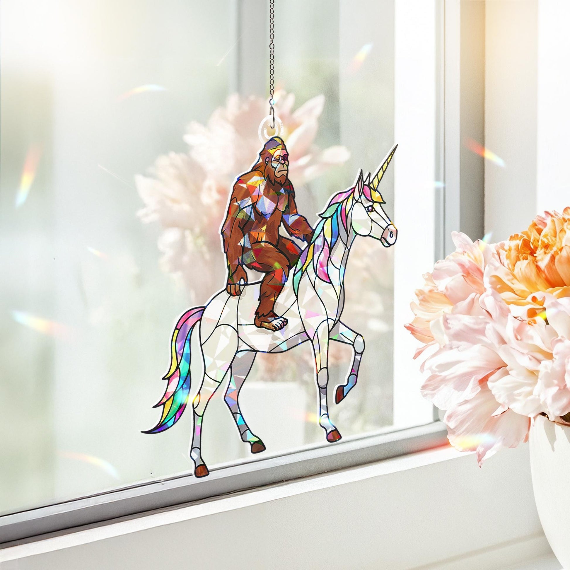 Suncatcher Bigfoot riding unicorn, holographic acrylic quirky home decor, funny whimsical gift for unicorn lovers