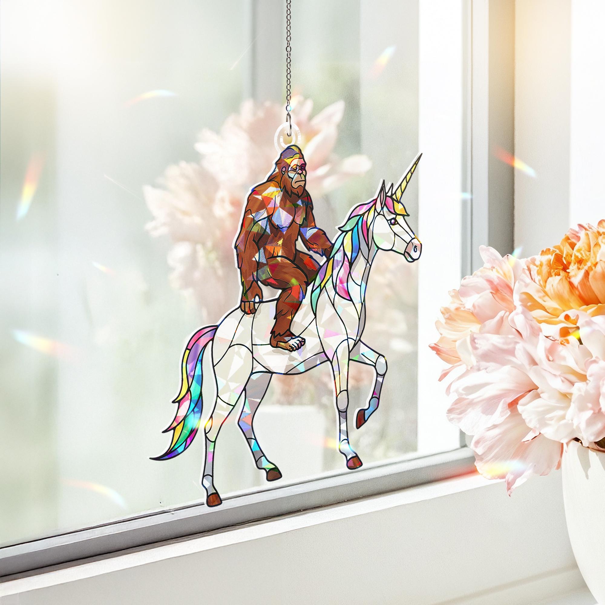 Suncatcher Bigfoot riding unicorn, holographic acrylic quirky home decor, funny whimsical gift for unicorn lovers