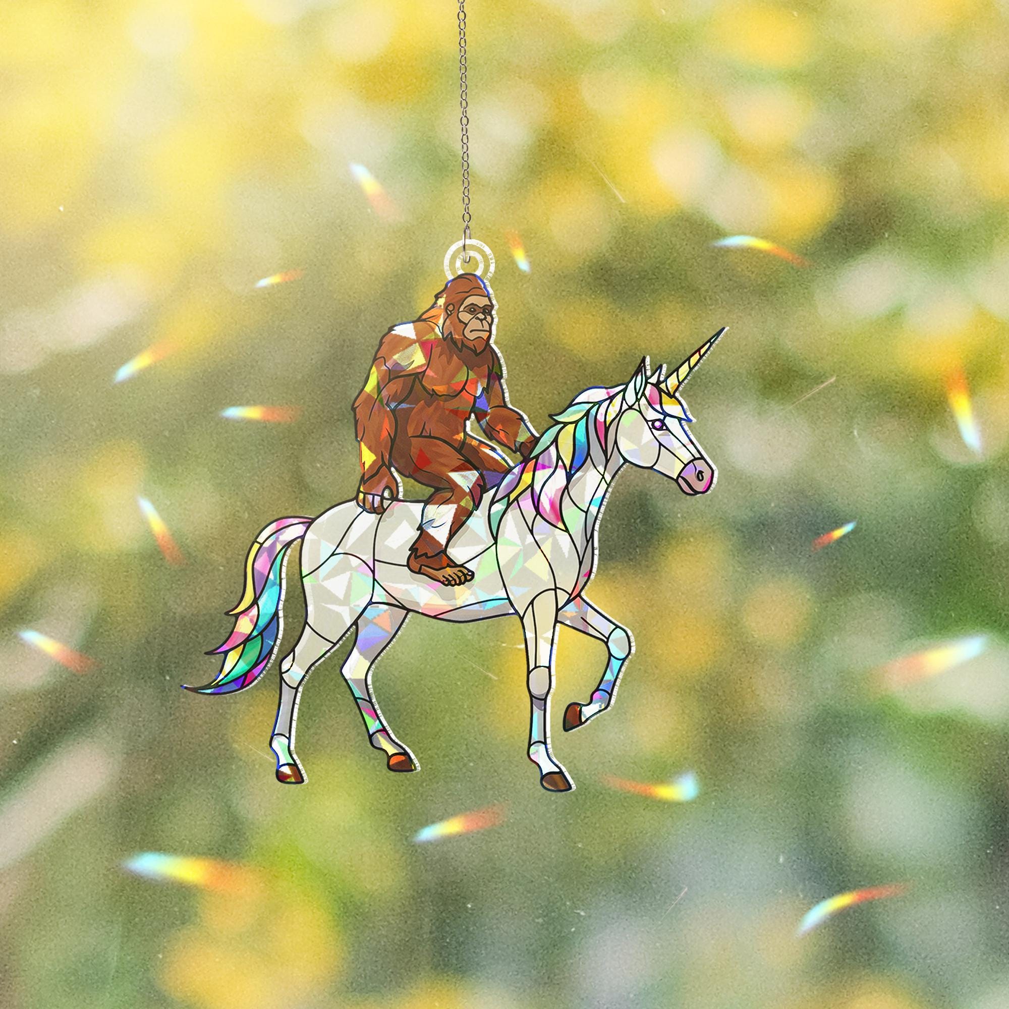 Suncatcher Bigfoot riding unicorn, holographic acrylic quirky home decor, funny whimsical gift for unicorn lovers