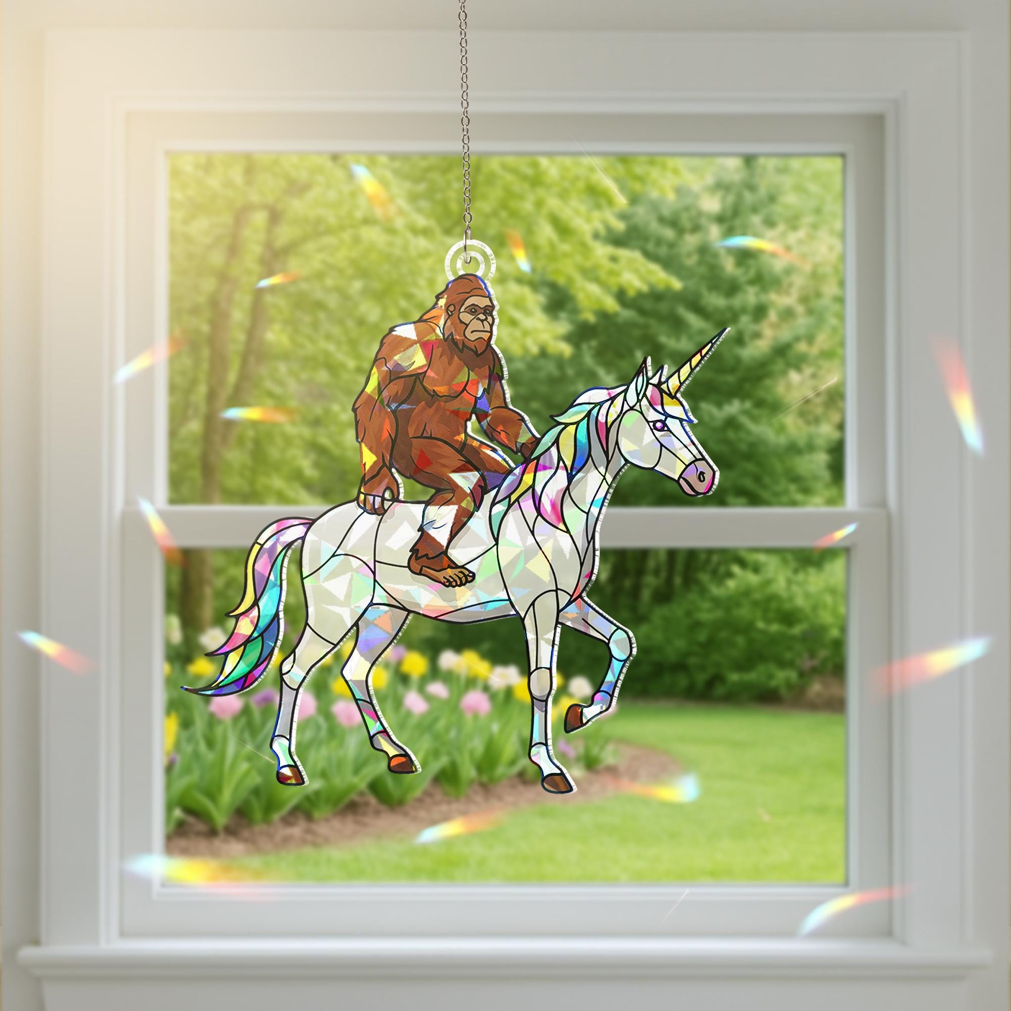Suncatcher Bigfoot riding unicorn, holographic acrylic quirky home decor, funny whimsical gift for unicorn lovers