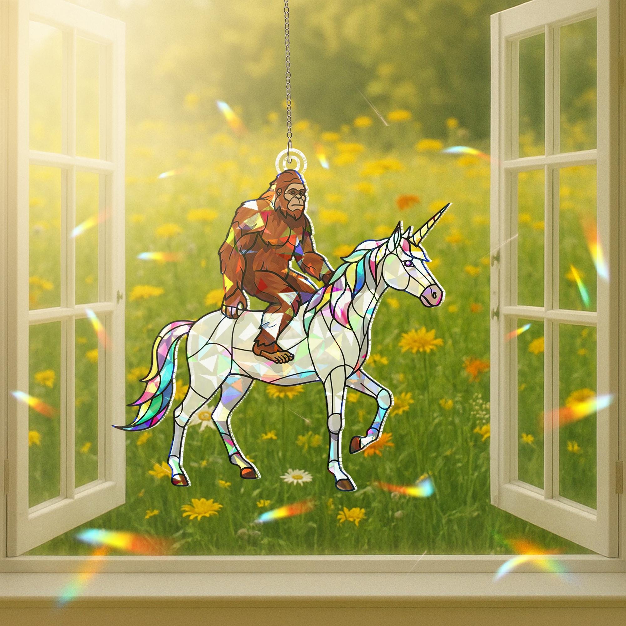 Suncatcher Bigfoot riding unicorn, holographic acrylic quirky home decor, funny whimsical gift for unicorn lovers