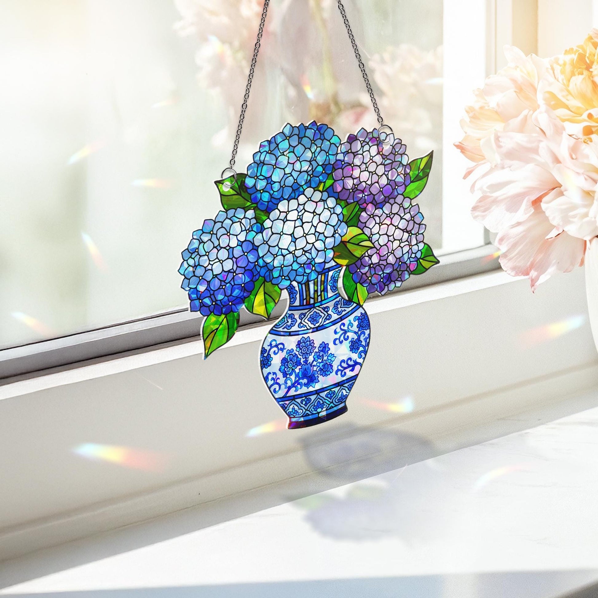 Hydrangeas In Blue Chinoiserie Vase holographic acrylic suncatcher, elegant floral home decor, unique gift for garden lovers