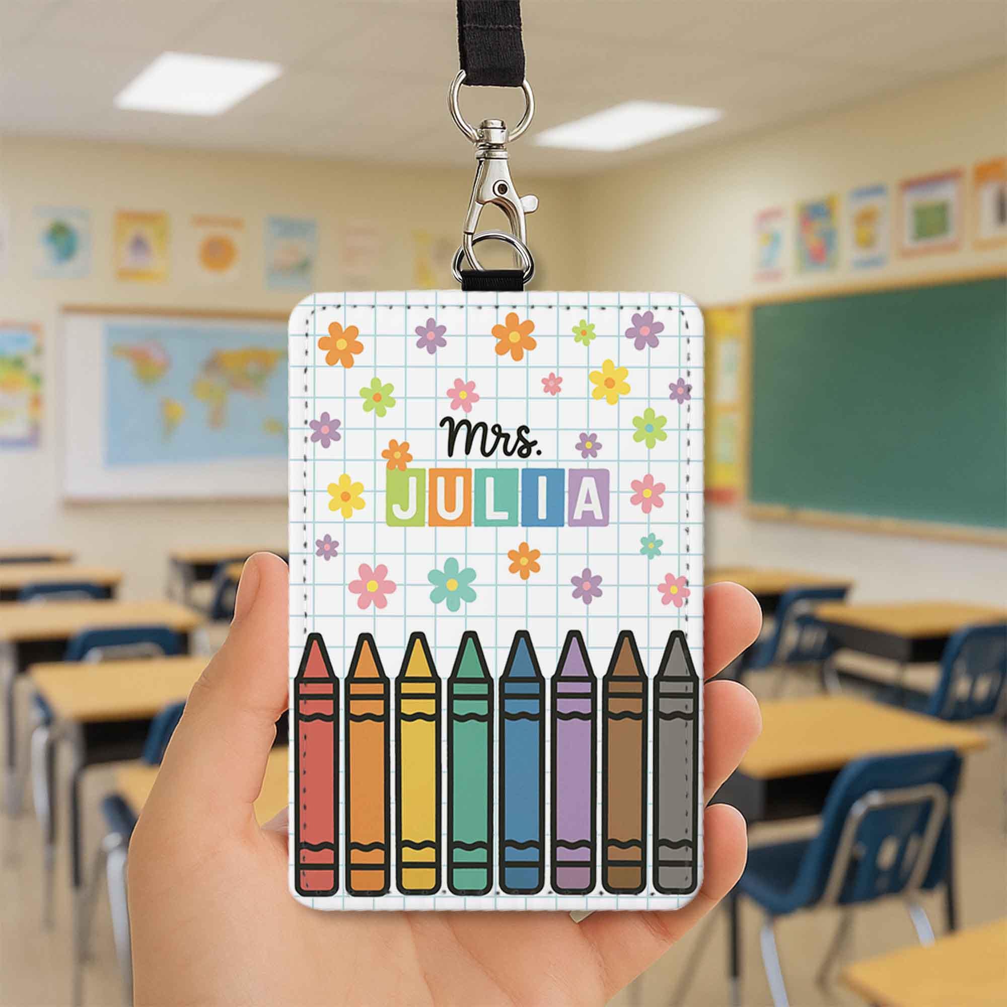 Personalized Teacher Badge Holder, Crayon Lanyard, Custom ID Holder, Educator Gift, Classroom Accessory, Back to School