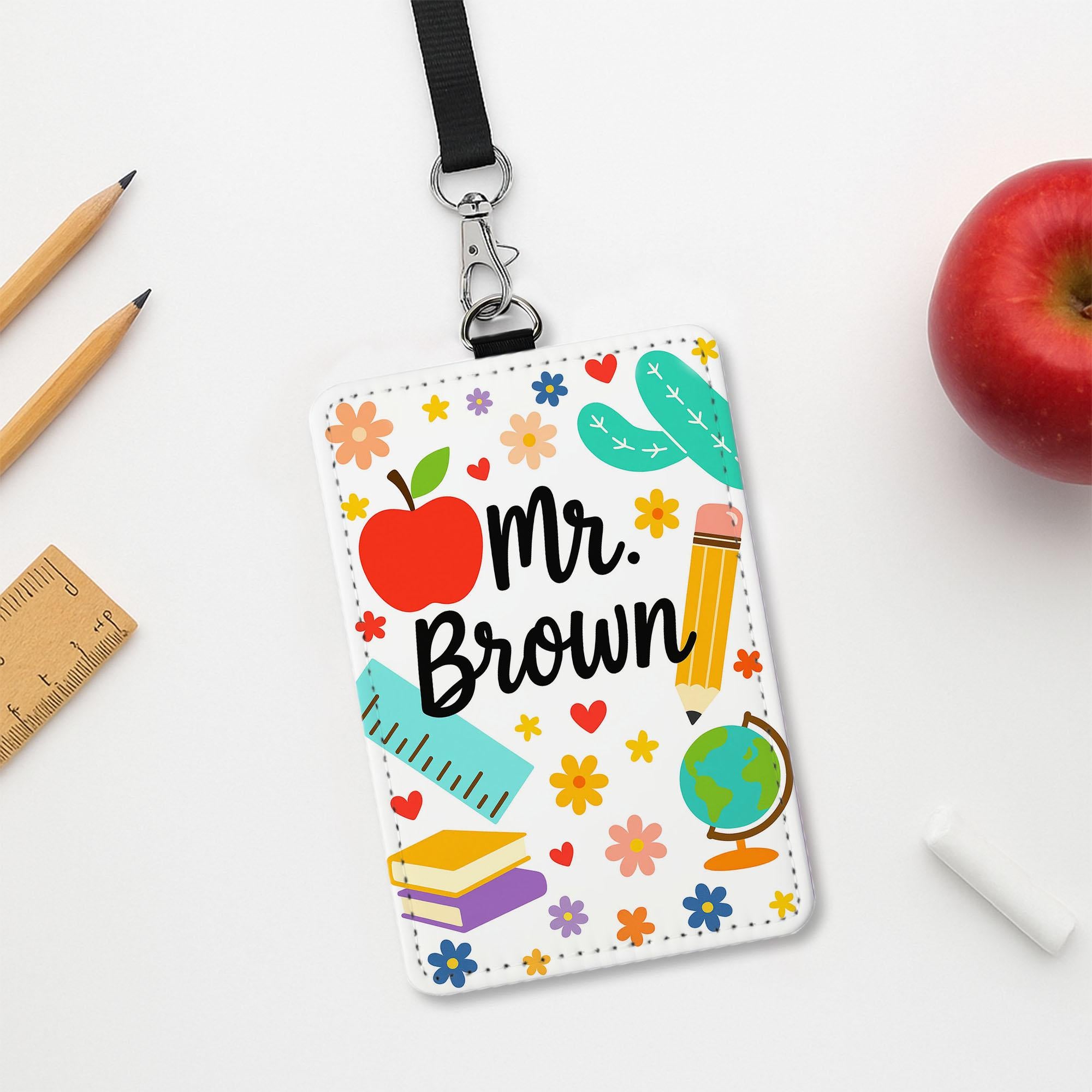 Personalized Teacher Badge Holder, Custom School Supplies Lanyard, Educator Gift, Apple Globe Pencil Design