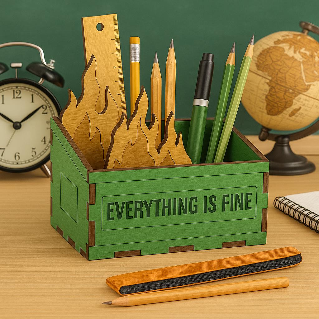 Funny Teacher Dumpster Fire Pen and Pencil Holder – Everything is Fine Wooden Desk Organizer - Dumpster Fire Pen Holder- Back to school