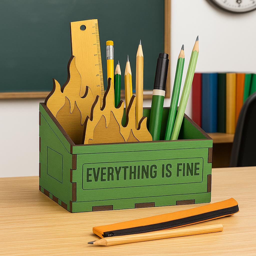 Funny Teacher Dumpster Fire Pen and Pencil Holder – Everything is Fine Wooden Desk Organizer - Dumpster Fire Pen Holder- Back to school