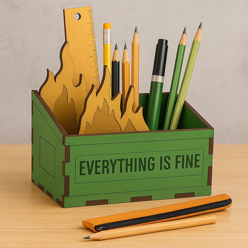 Funny Teacher Dumpster Fire Pen and Pencil Holder – Everything is Fine Wooden Desk Organizer - Dumpster Fire Pen Holder- Back to school