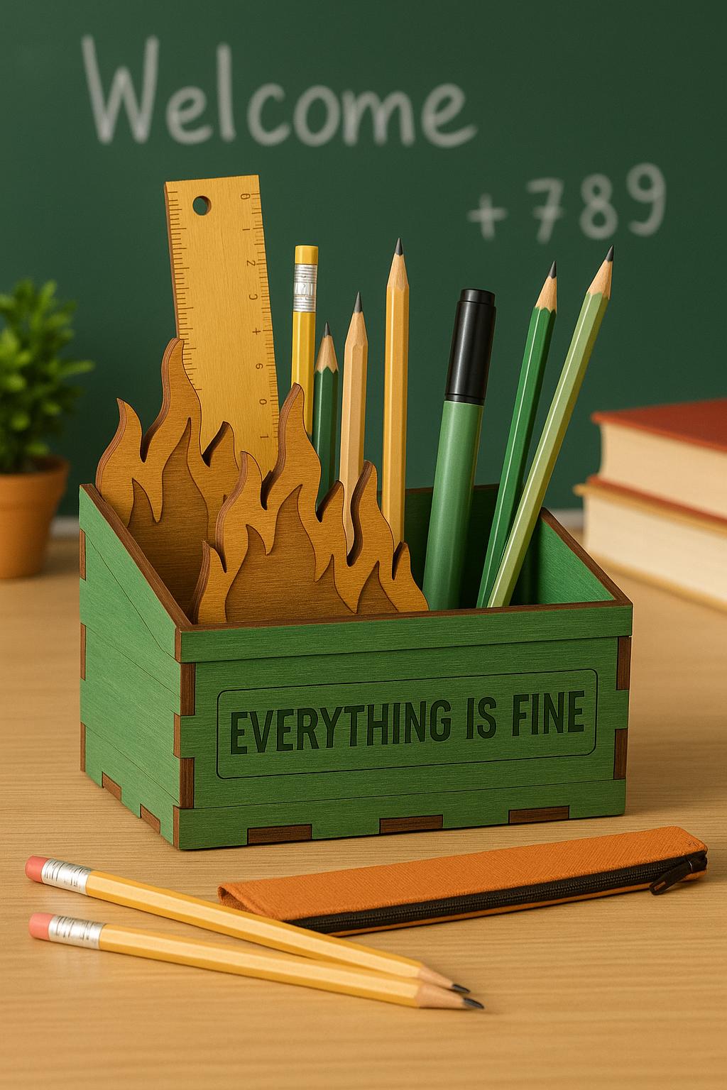 Funny Teacher Dumpster Fire Pen and Pencil Holder – Everything is Fine Wooden Desk Organizer - Dumpster Fire Pen Holder- Back to school
