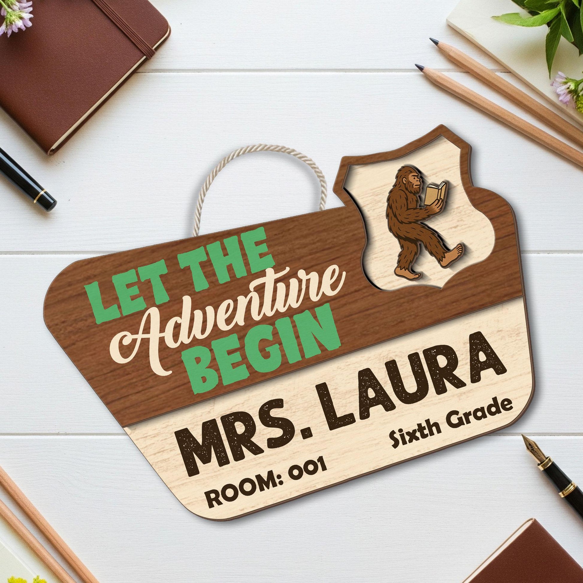 Personalized Teacher Name Sign for Door, Let The Adventure Begin Bigfoot Classroom Decor, Custom Grade & Room Number Hanger Gift
