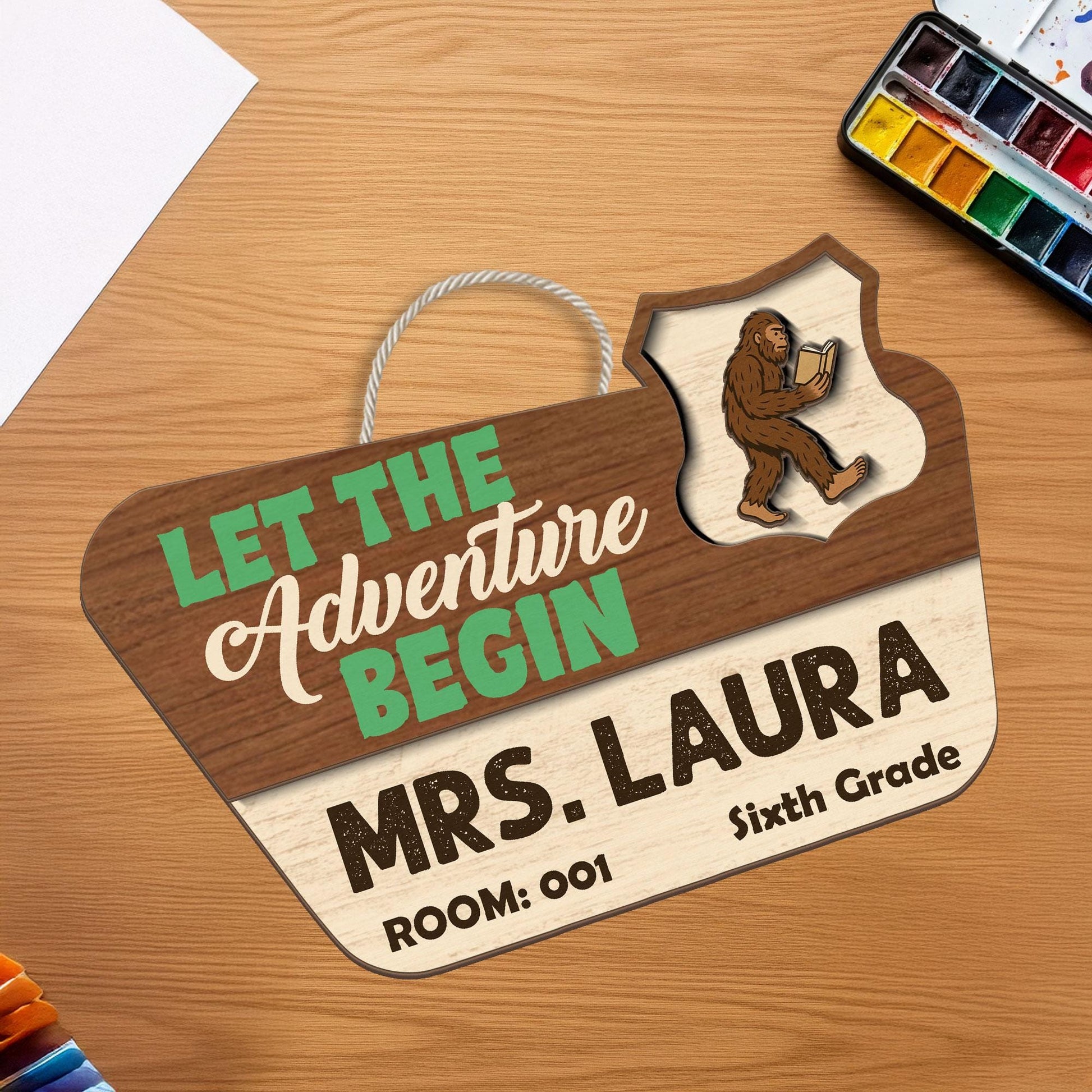 Personalized Teacher Name Sign for Door, Let The Adventure Begin Bigfoot Classroom Decor, Custom Grade & Room Number Hanger Gift