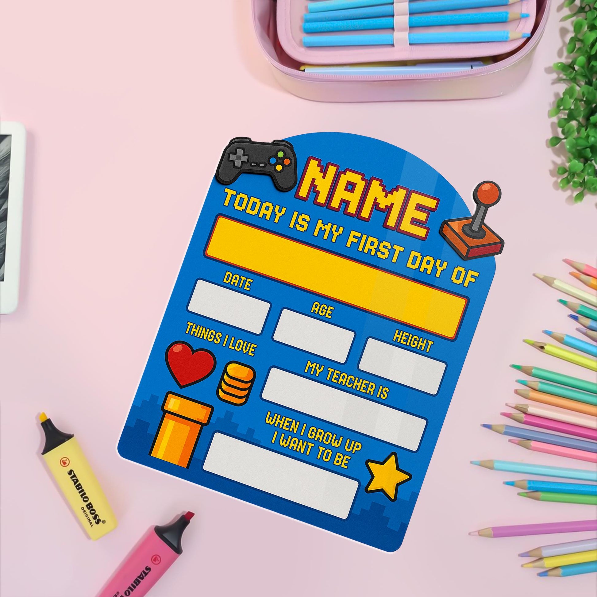 Personalized Gamer First Day of School Sign | Back to School Photo Prop | Video Game Theme Milestone Board | Reusable Keepsake