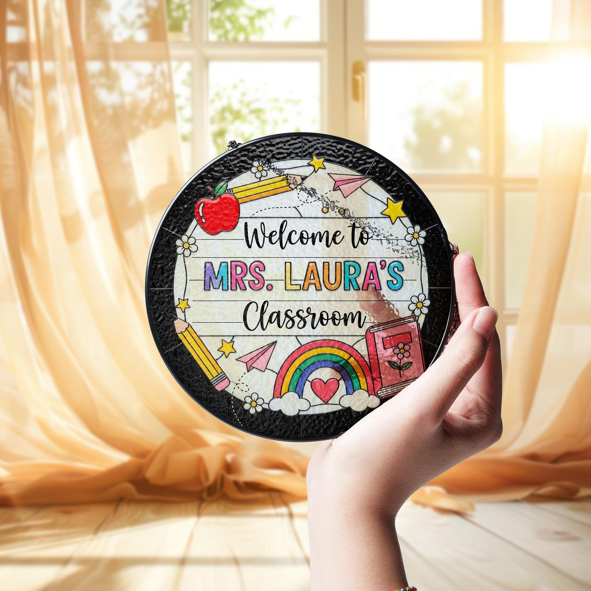 Personalized Teacher Classroom Suncatcher, Custom Stained Glass Window Decor, Unique Teacher Appreciation Gift for Mrs. Laura
