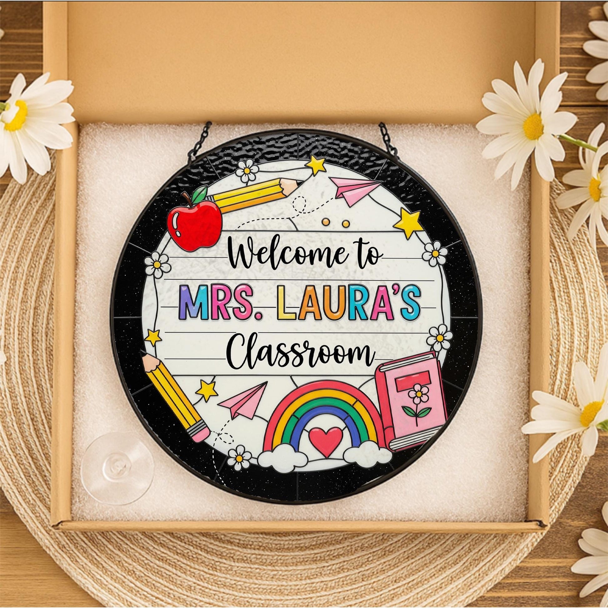 Personalized Teacher Classroom Suncatcher, Custom Stained Glass Window Decor, Unique Teacher Appreciation Gift for Mrs. Laura