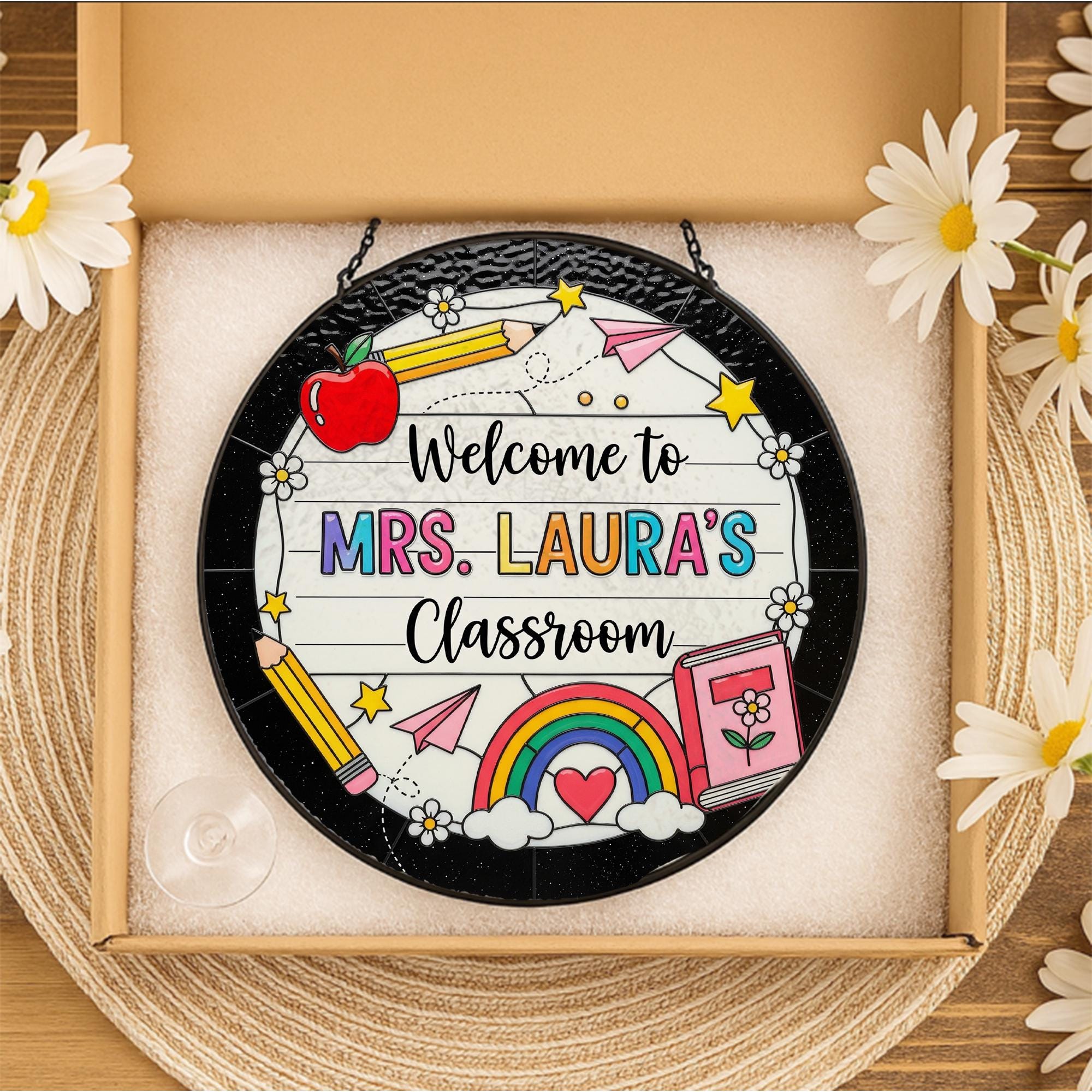 Personalized Teacher Classroom Suncatcher, Custom Stained Glass Window Decor, Unique Teacher Appreciation Gift for Mrs. Laura