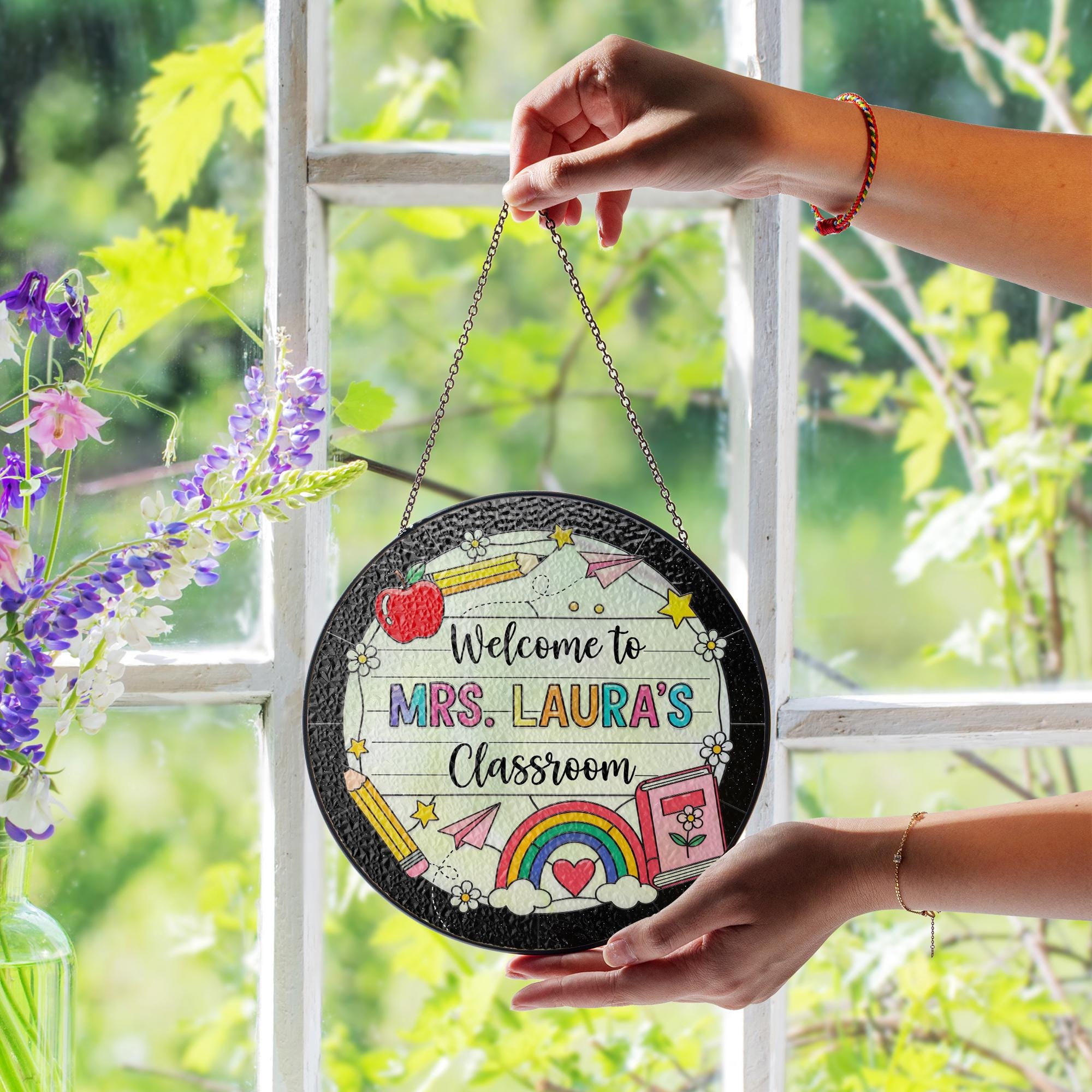 Personalized Teacher Classroom Suncatcher, Custom Stained Glass Window Decor, Unique Teacher Appreciation Gift for Mrs. Laura