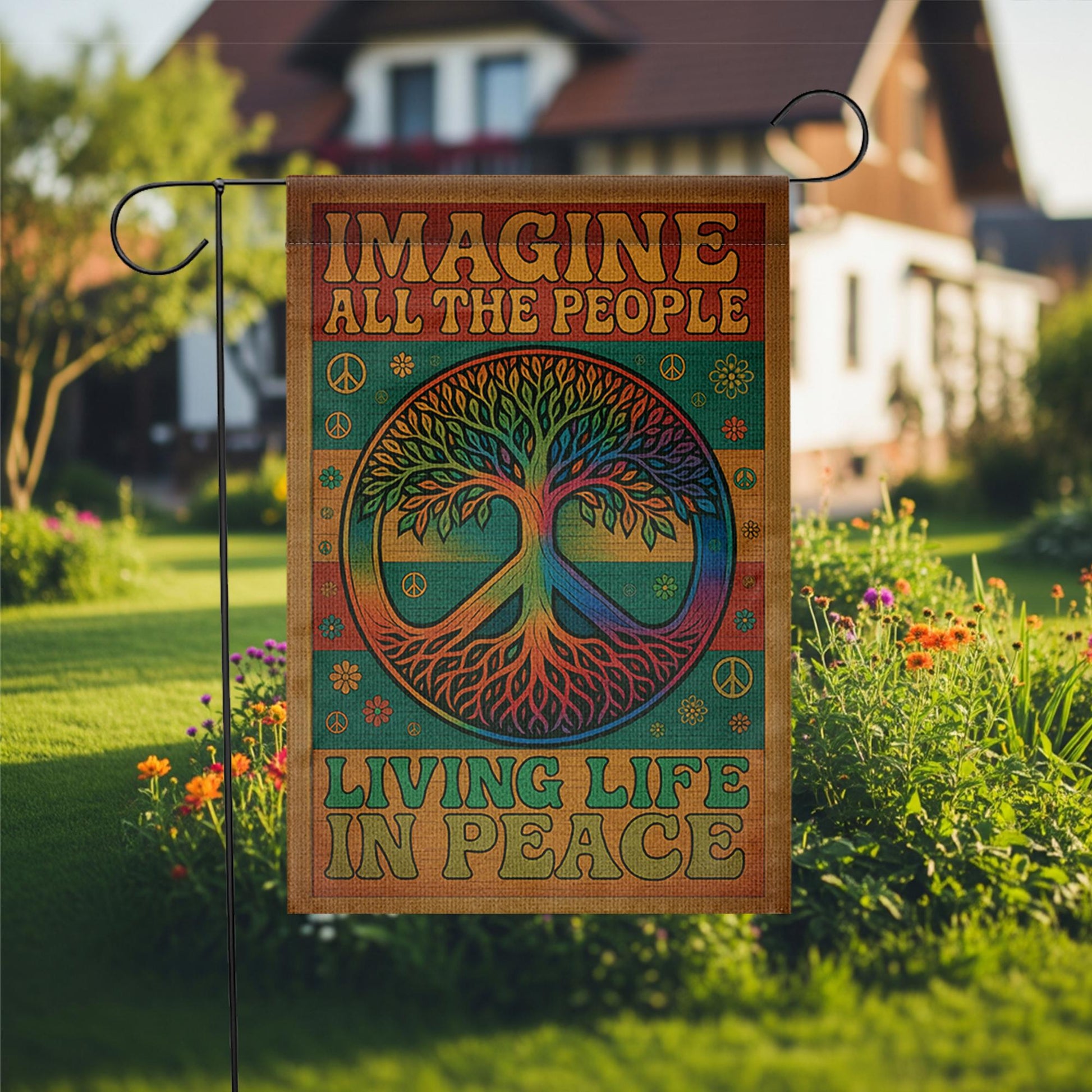 Hippie Garden Flag, Peace Tree Yard Decor, Imagine All the People Sign, Boho Outdoor Banner, Living Life in Peace Gift Idea