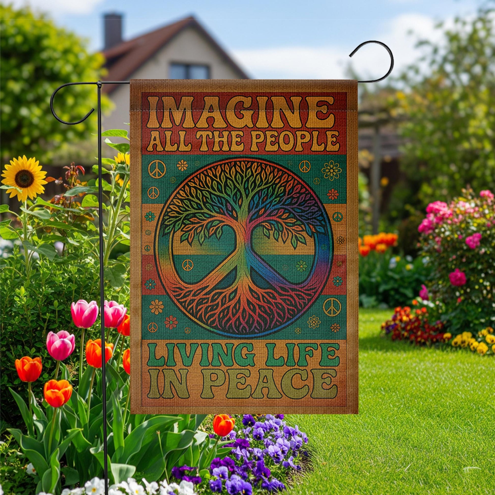 Hippie Garden Flag, Peace Tree Yard Decor, Imagine All the People Sign, Boho Outdoor Banner, Living Life in Peace Gift Idea