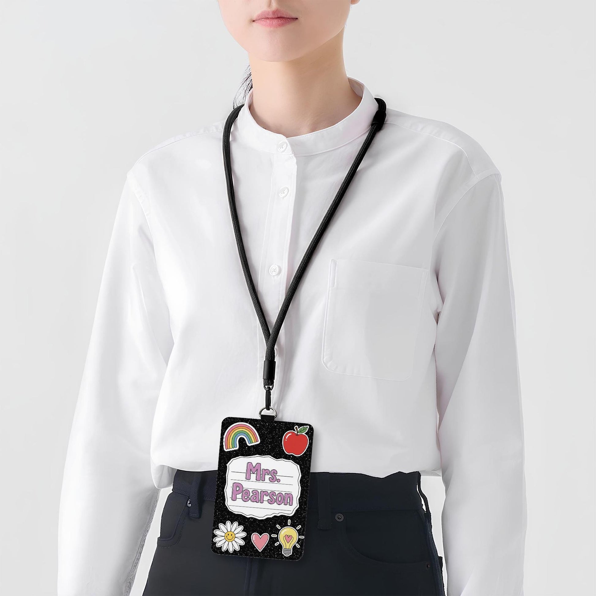 Personalized Teacher Badge Holder, Custom Name Tag Lanyard, Cute Black Glitter ID Badge, Back to School Gift, Teacher School Accessory
