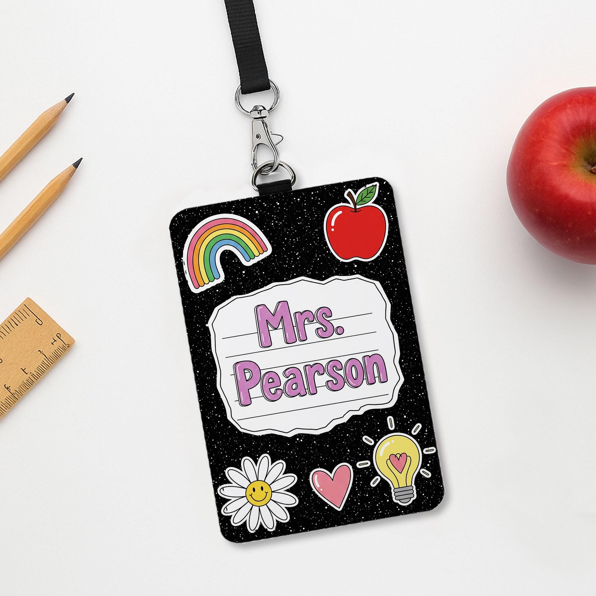 Personalized Teacher Badge Holder, Custom Name Tag Lanyard, Cute Black Glitter ID Badge, Back to School Gift, Teacher School Accessory