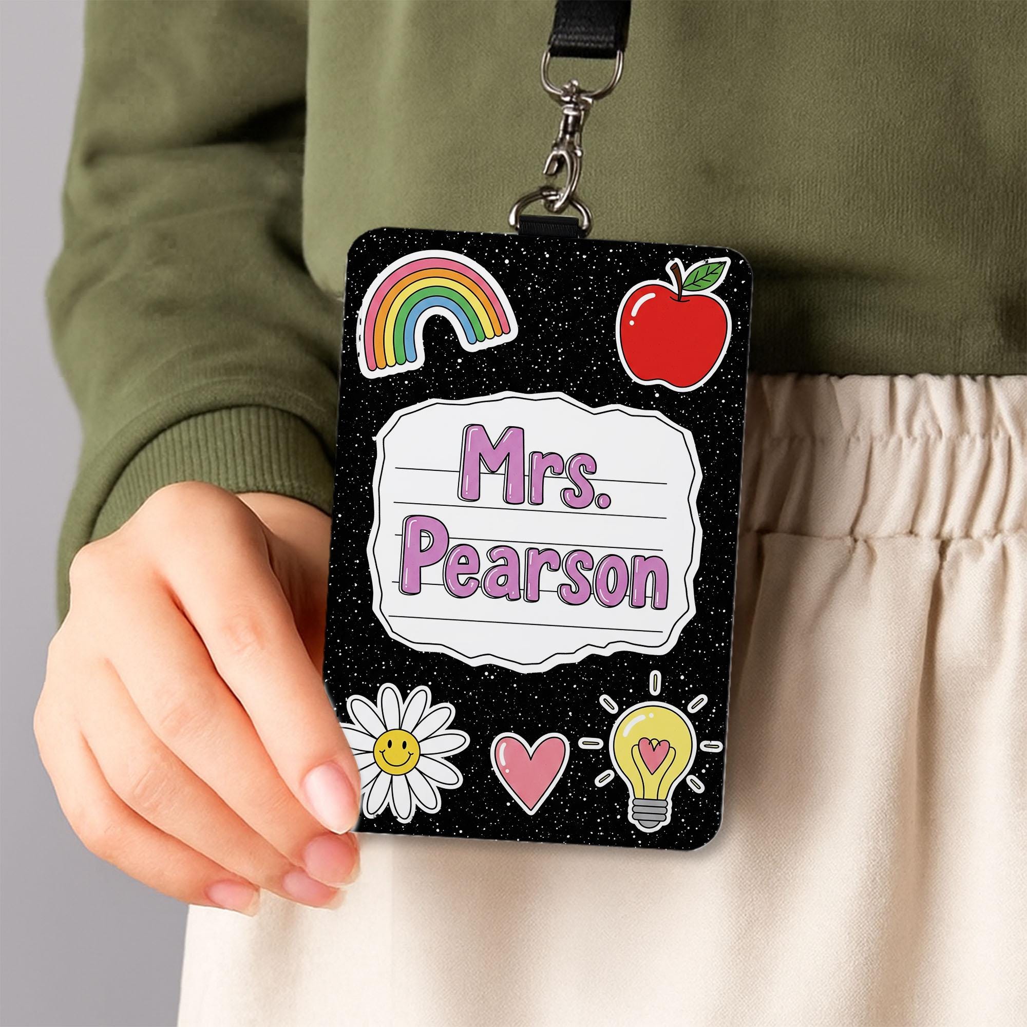 Personalized Teacher Badge Holder, Custom Name Tag Lanyard, Cute Black Glitter ID Badge, Back to School Gift, Teacher School Accessory