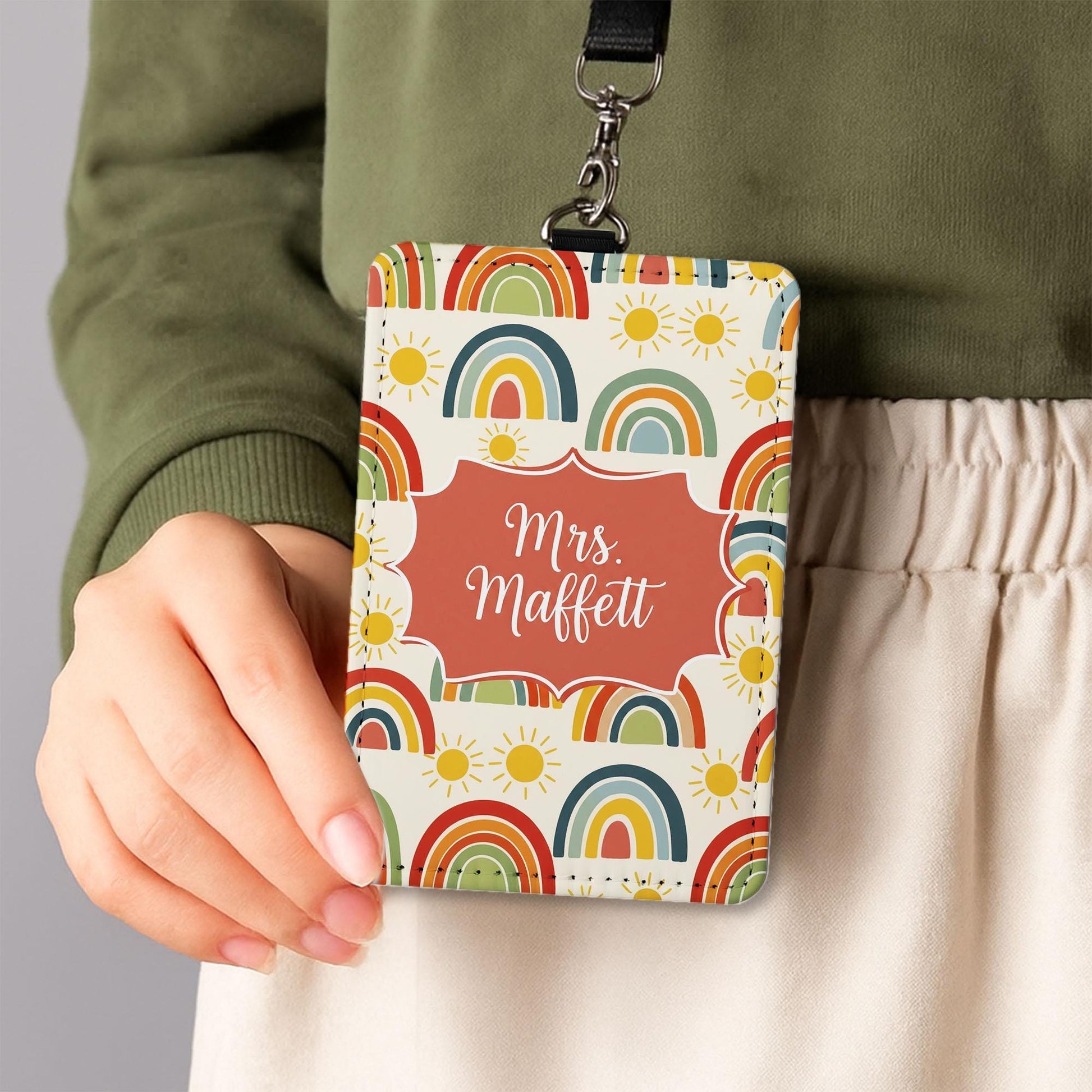 Personalized Rainbow Badge Holder, Custom Teacher Name Tag Lanyard, Cute Classroom ID, Back to School Gift, Teacher School Accessory