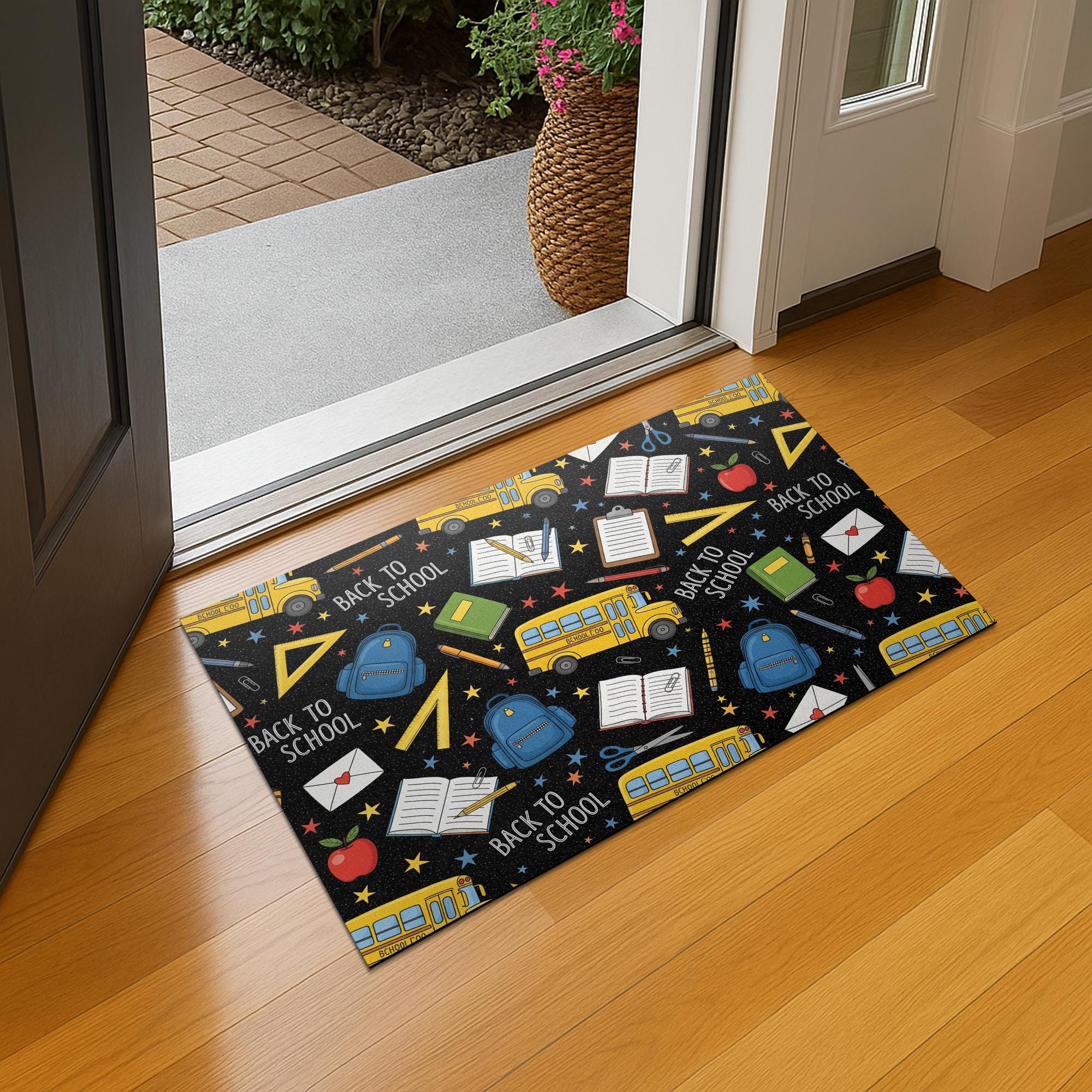 Back to School Doormat, School Supplies Door Mat, Welcome Mat for Teachers, Classroom Rug, School Entry Mat, Bus Print Decor