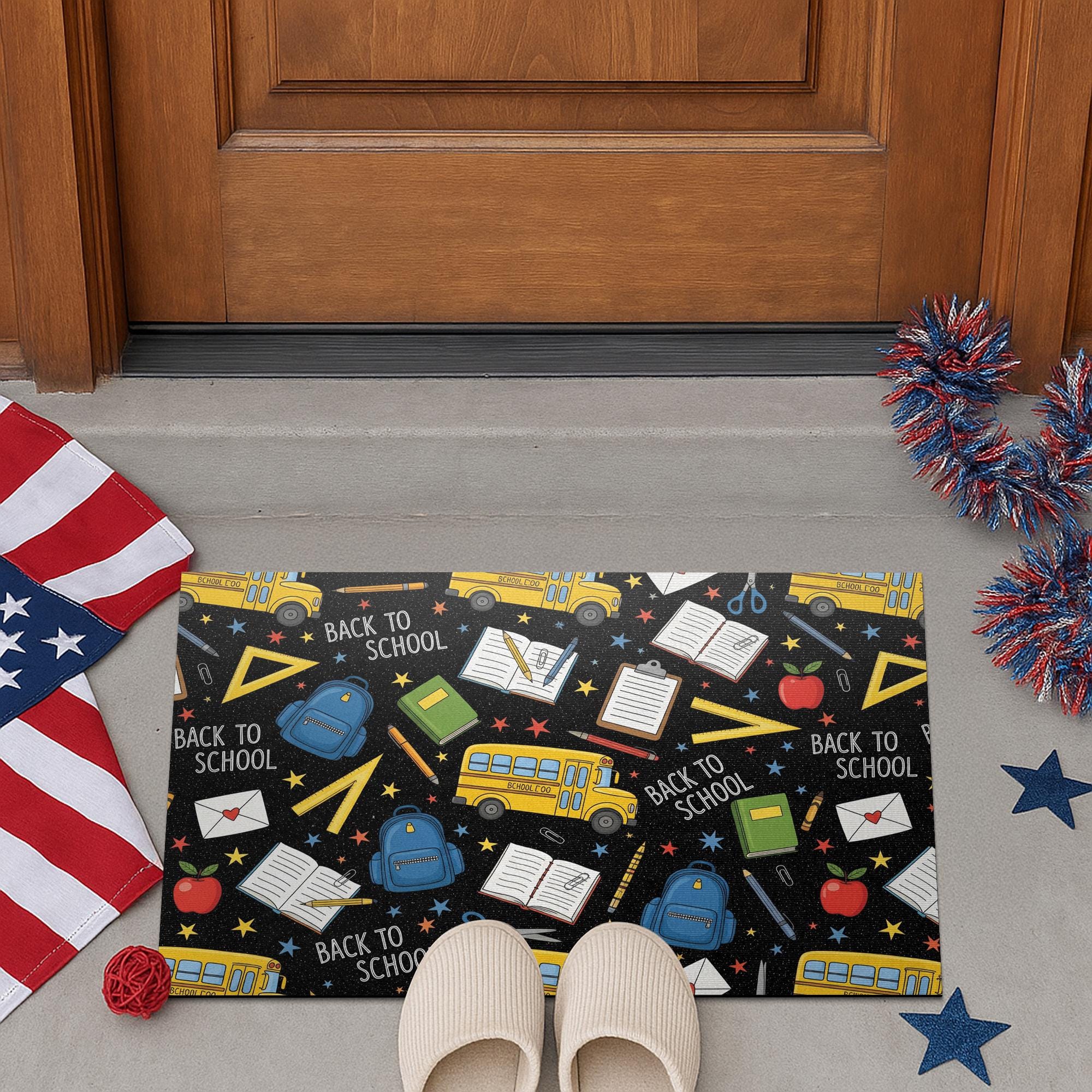 Back to School Doormat, School Supplies Door Mat, Welcome Mat for Teachers, Classroom Rug, School Entry Mat, Bus Print Decor