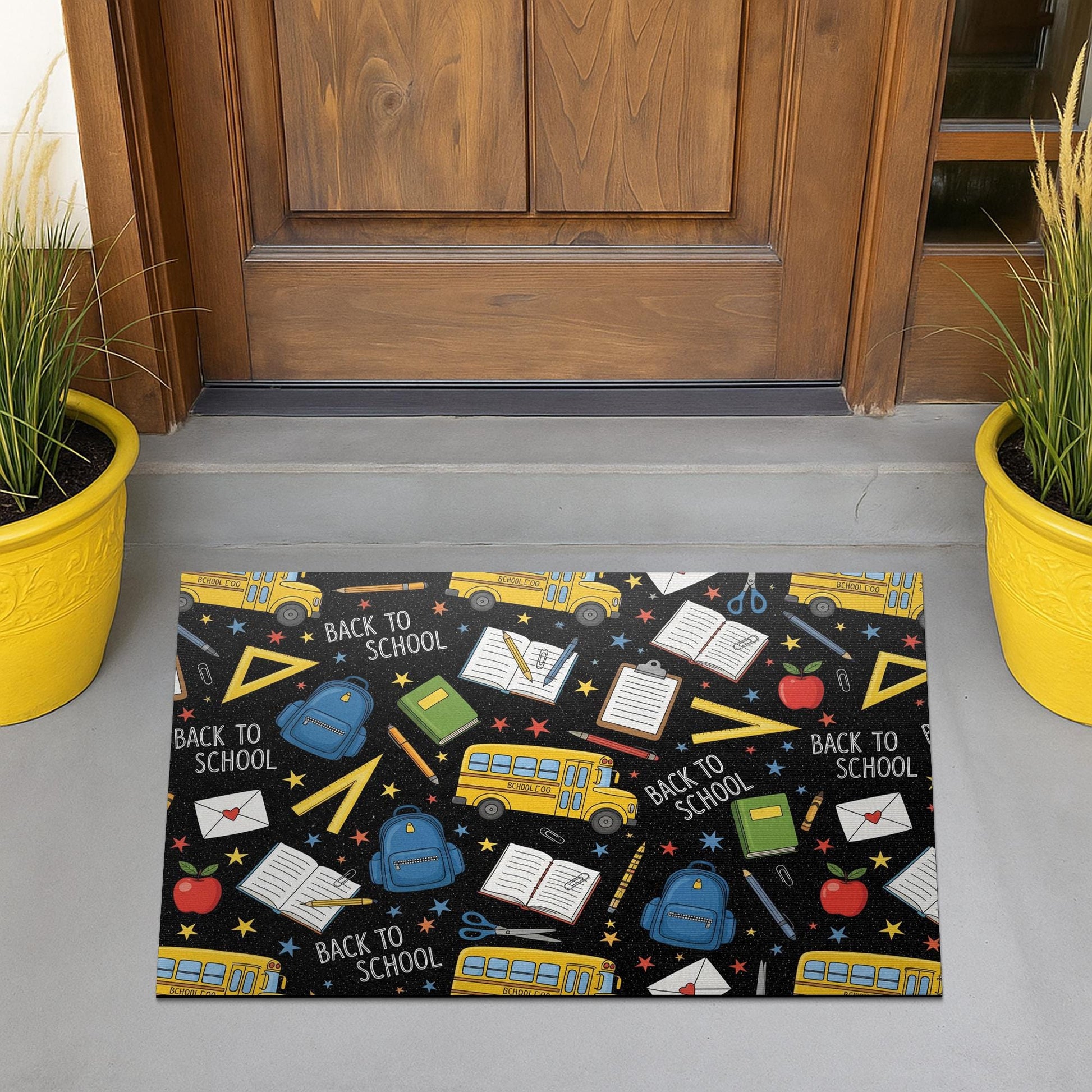 Back to School Doormat, School Supplies Door Mat, Welcome Mat for Teachers, Classroom Rug, School Entry Mat, Bus Print Decor