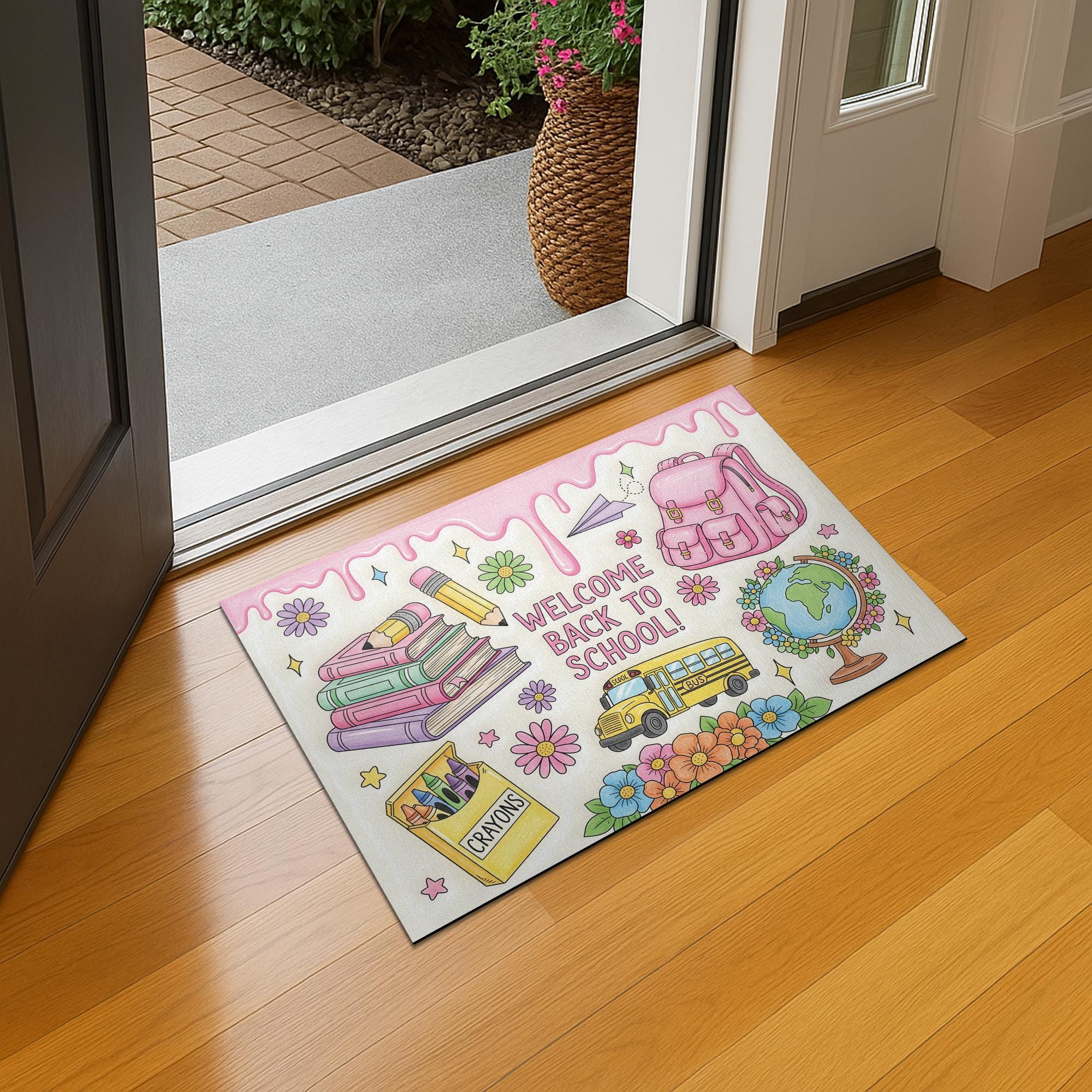 Welcome Back to School Dripping Doormat, Cute Pink Backpack Rug, Teacher Entry Mat, Classroom Decor, Crayon Floral School Door Mat
