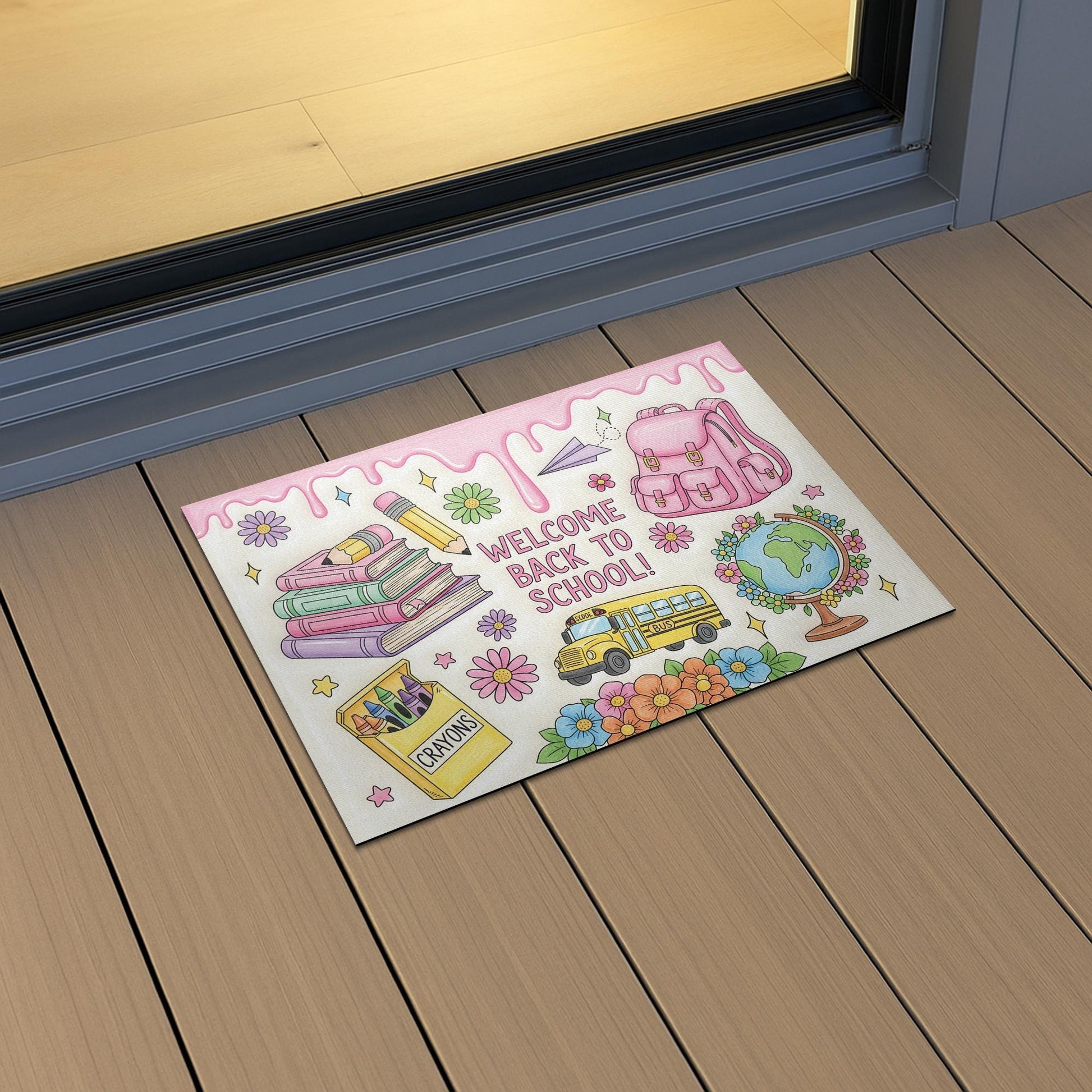 Welcome Back to School Dripping Doormat, Cute Pink Backpack Rug, Teacher Entry Mat, Classroom Decor, Crayon Floral School Door Mat