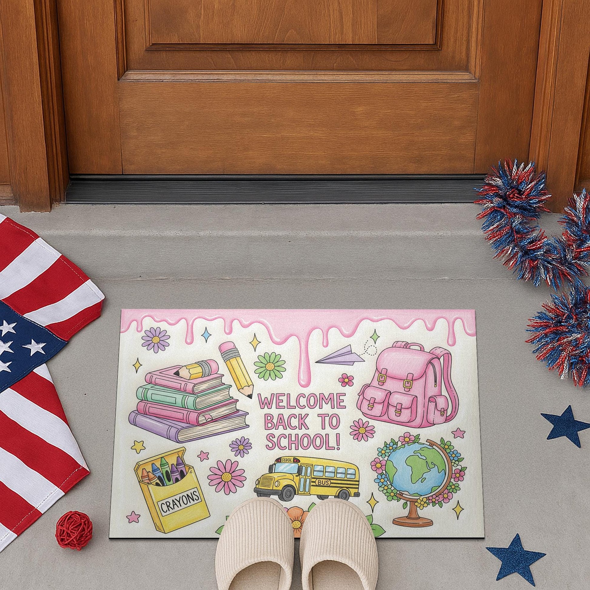 Welcome Back to School Dripping Doormat, Cute Pink Backpack Rug, Teacher Entry Mat, Classroom Decor, Crayon Floral School Door Mat