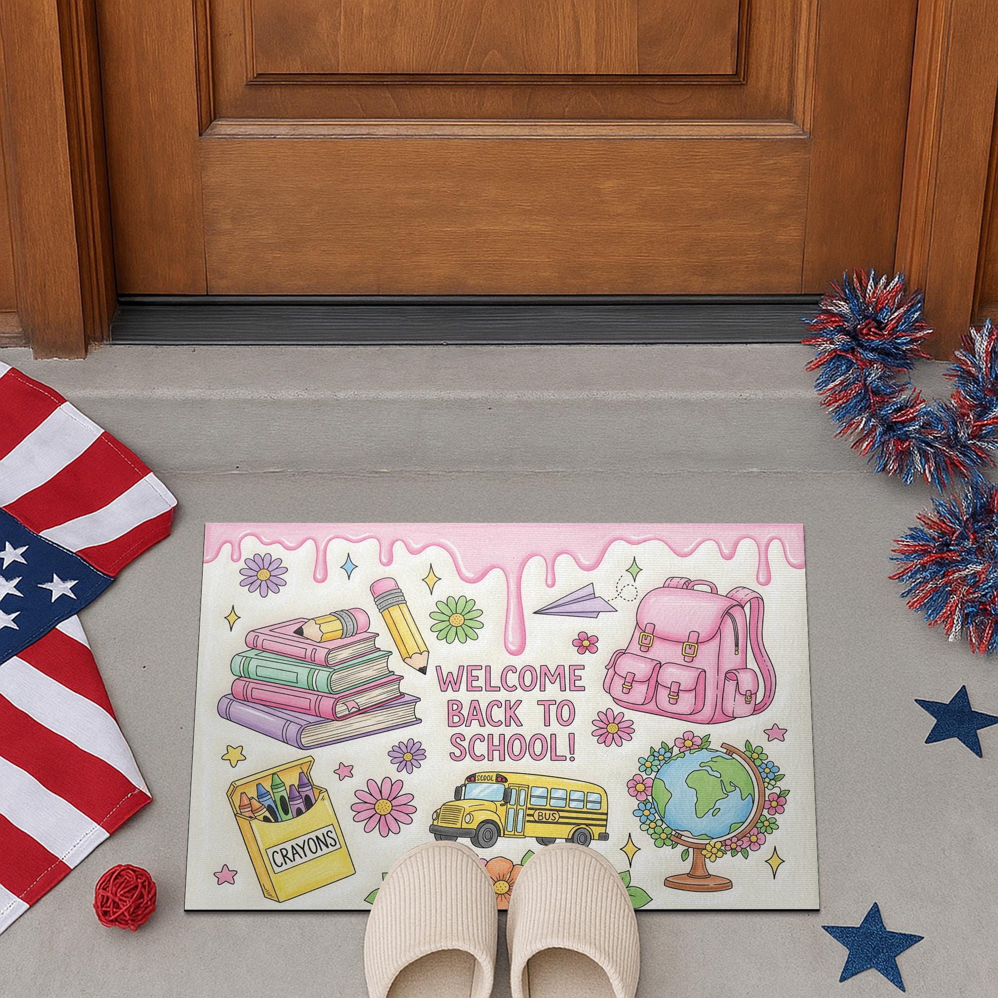 Welcome Back to School Dripping Doormat, Cute Pink Backpack Rug, Teacher Entry Mat, Classroom Decor, Crayon Floral School Door Mat