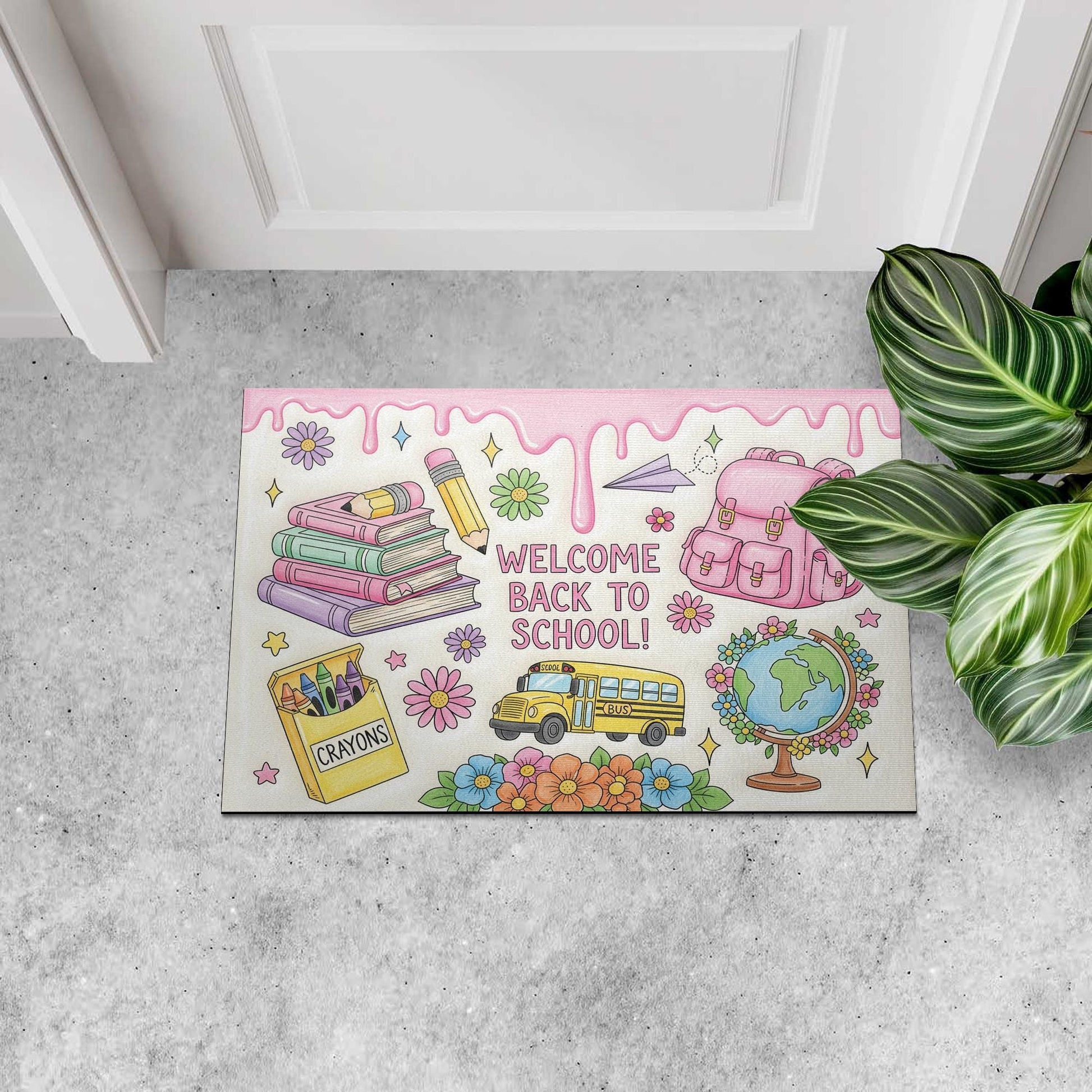 Welcome Back to School Dripping Doormat, Cute Pink Backpack Rug, Teacher Entry Mat, Classroom Decor, Crayon Floral School Door Mat
