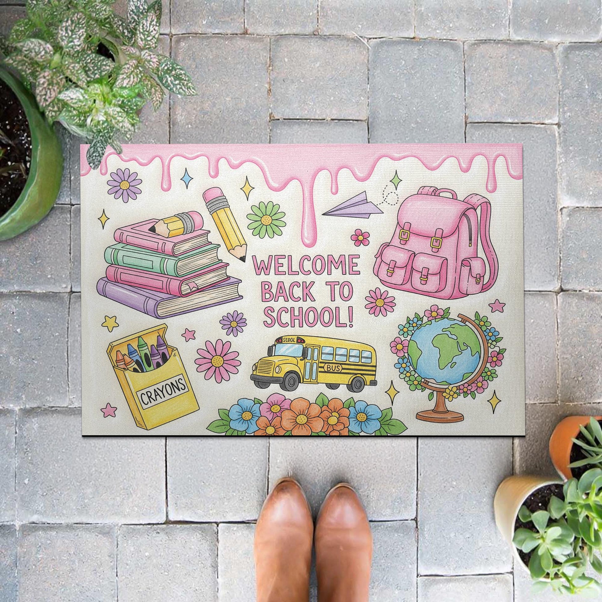 Welcome Back to School Dripping Doormat, Cute Pink Backpack Rug, Teacher Entry Mat, Classroom Decor, Crayon Floral School Door Mat
