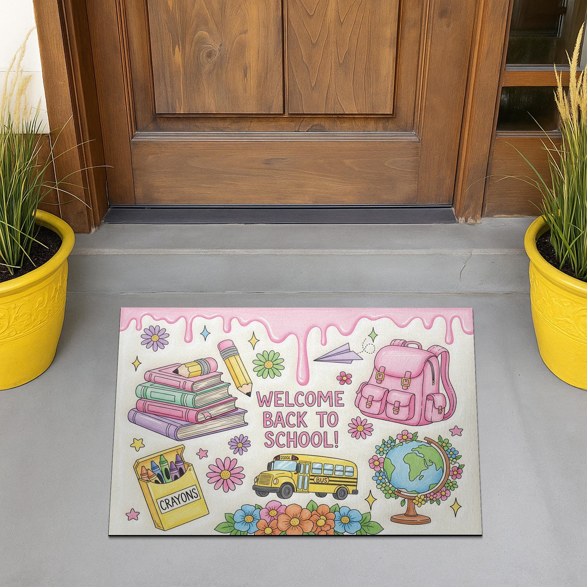 Welcome Back to School Dripping Doormat, Cute Pink Backpack Rug, Teacher Entry Mat, Classroom Decor, Crayon Floral School Door Mat