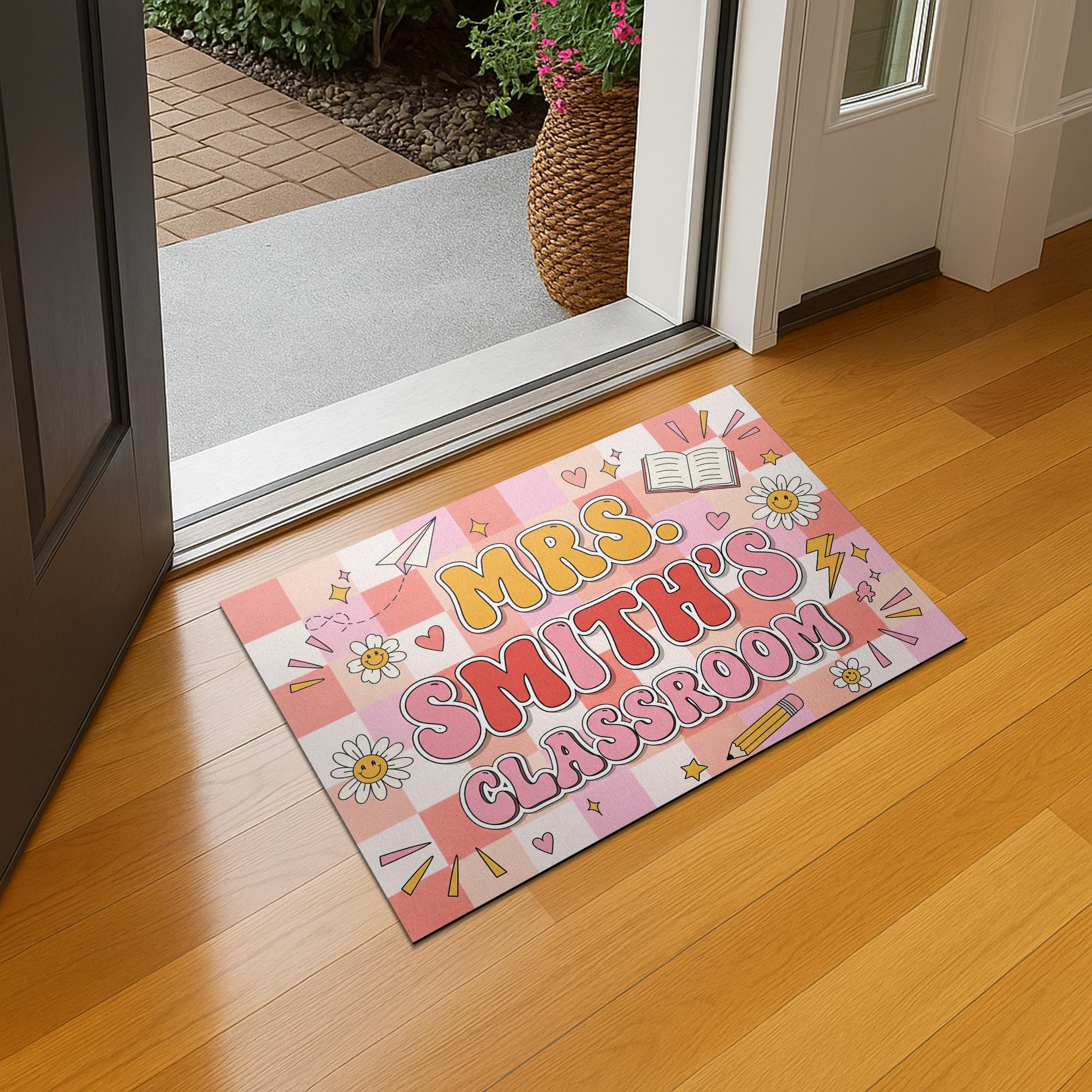 Custom Teacher Classroom Doormat, Classroom Entry Mat, Cute Pink Back to School Rug, Personalized Teacher Door Decor