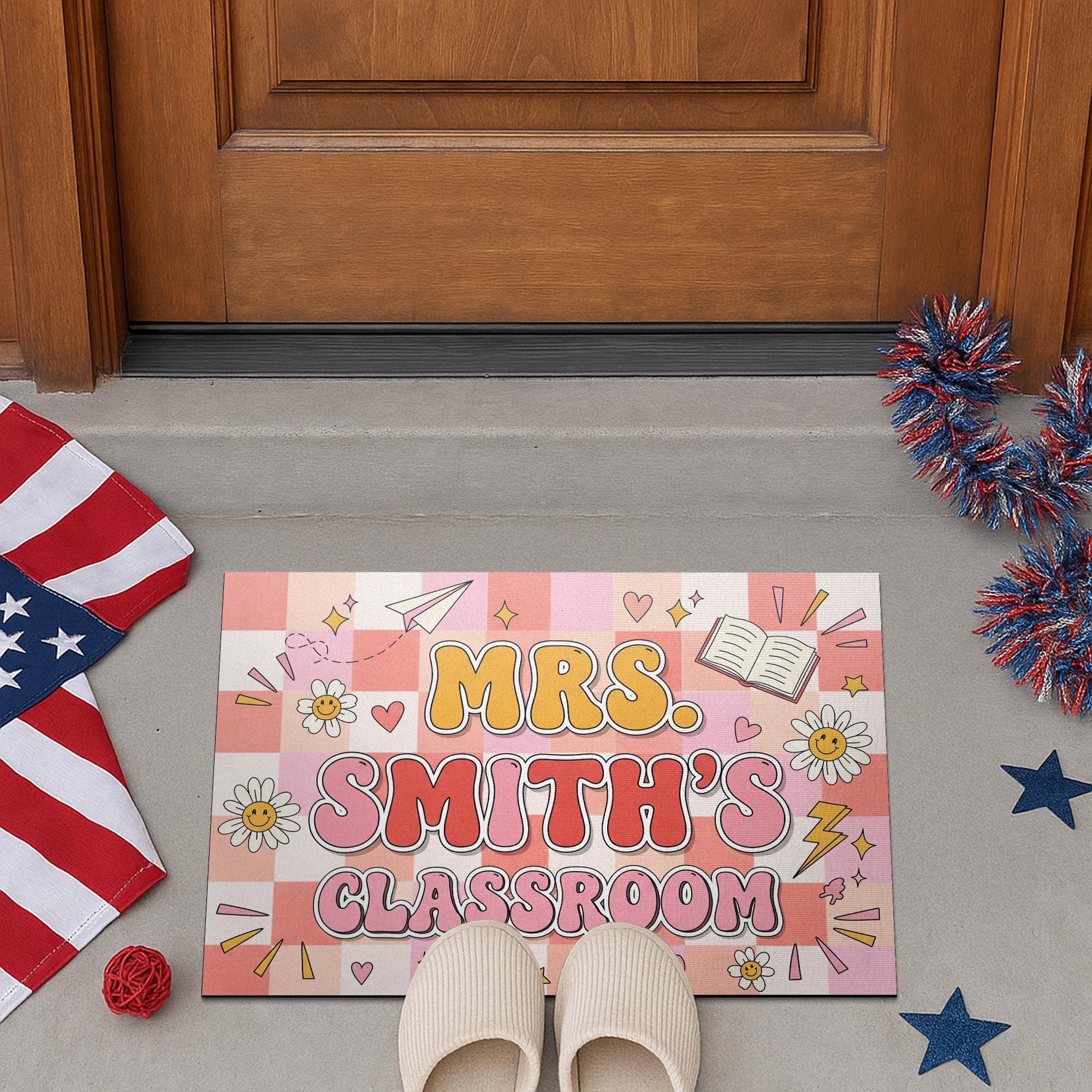 Custom Teacher Classroom Doormat, Classroom Entry Mat, Cute Pink Back to School Rug, Personalized Teacher Door Decor