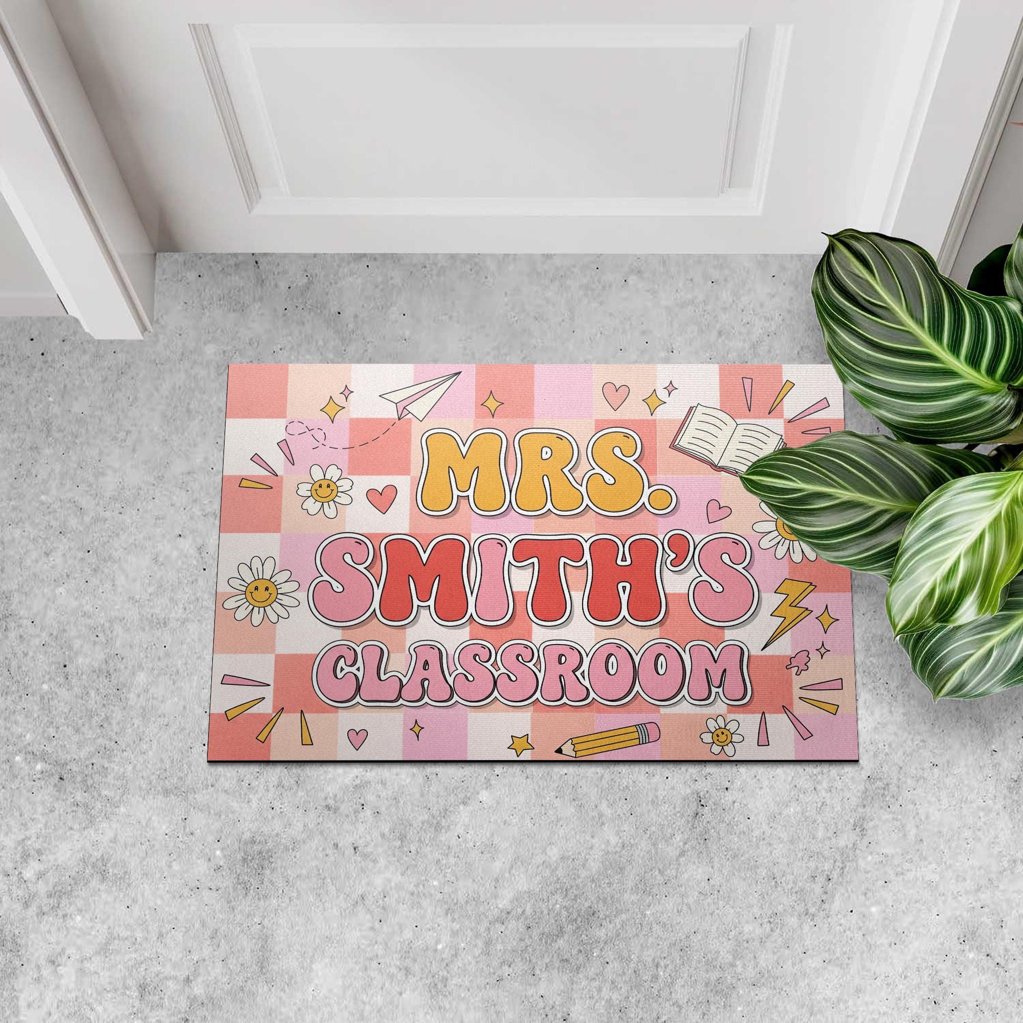 Custom Teacher Classroom Doormat, Classroom Entry Mat, Cute Pink Back to School Rug, Personalized Teacher Door Decor