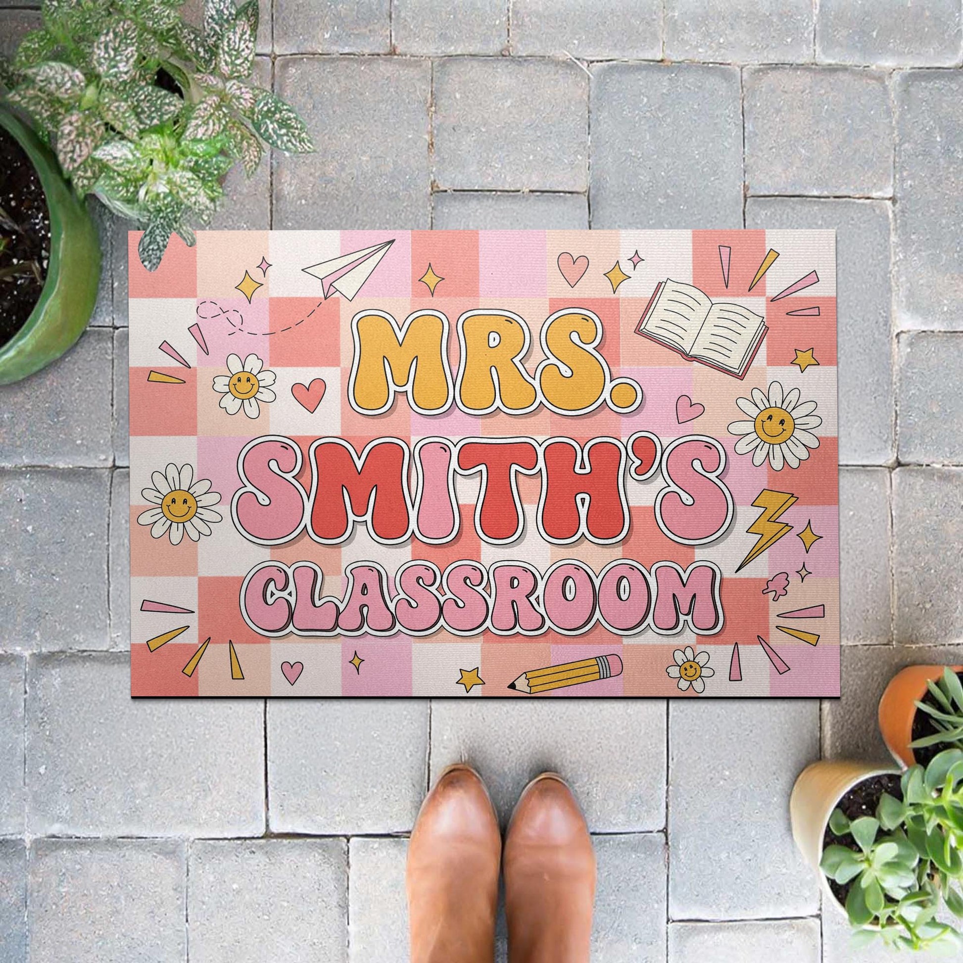 Custom Teacher Classroom Doormat, Classroom Entry Mat, Cute Pink Back to School Rug, Personalized Teacher Door Decor