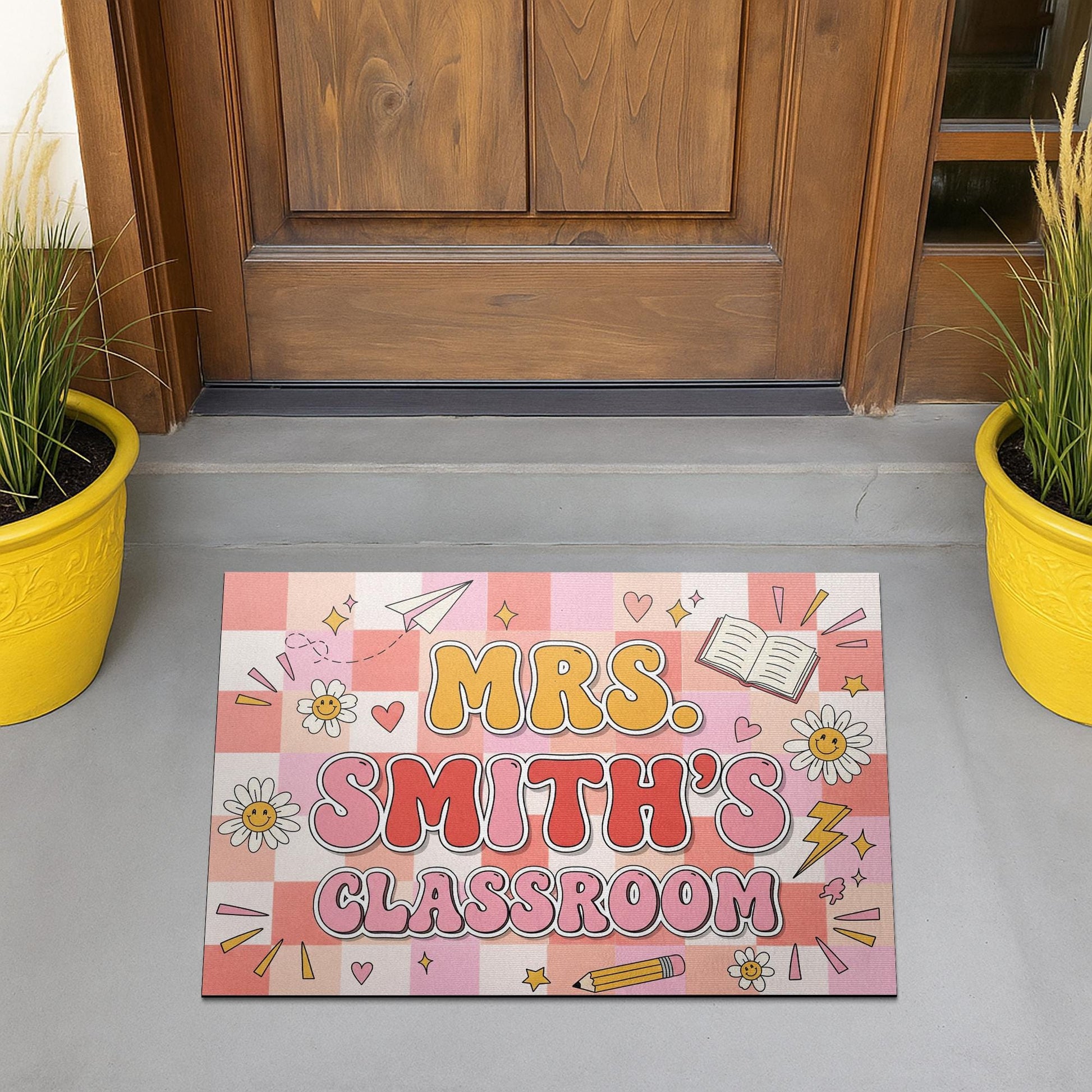 Custom Teacher Classroom Doormat, Classroom Entry Mat, Cute Pink Back to School Rug, Personalized Teacher Door Decor