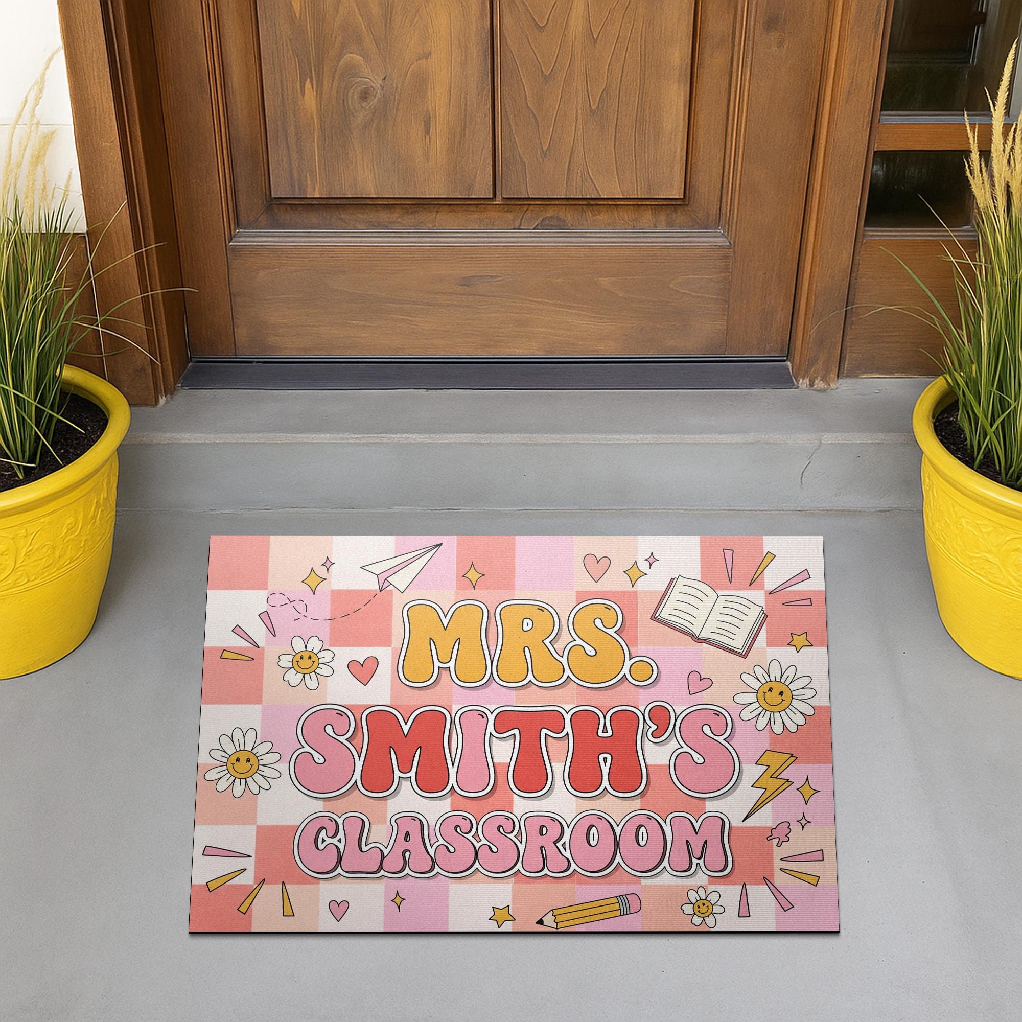 Custom Teacher Classroom Doormat, Classroom Entry Mat, Cute Pink Back to School Rug, Personalized Teacher Door Decor