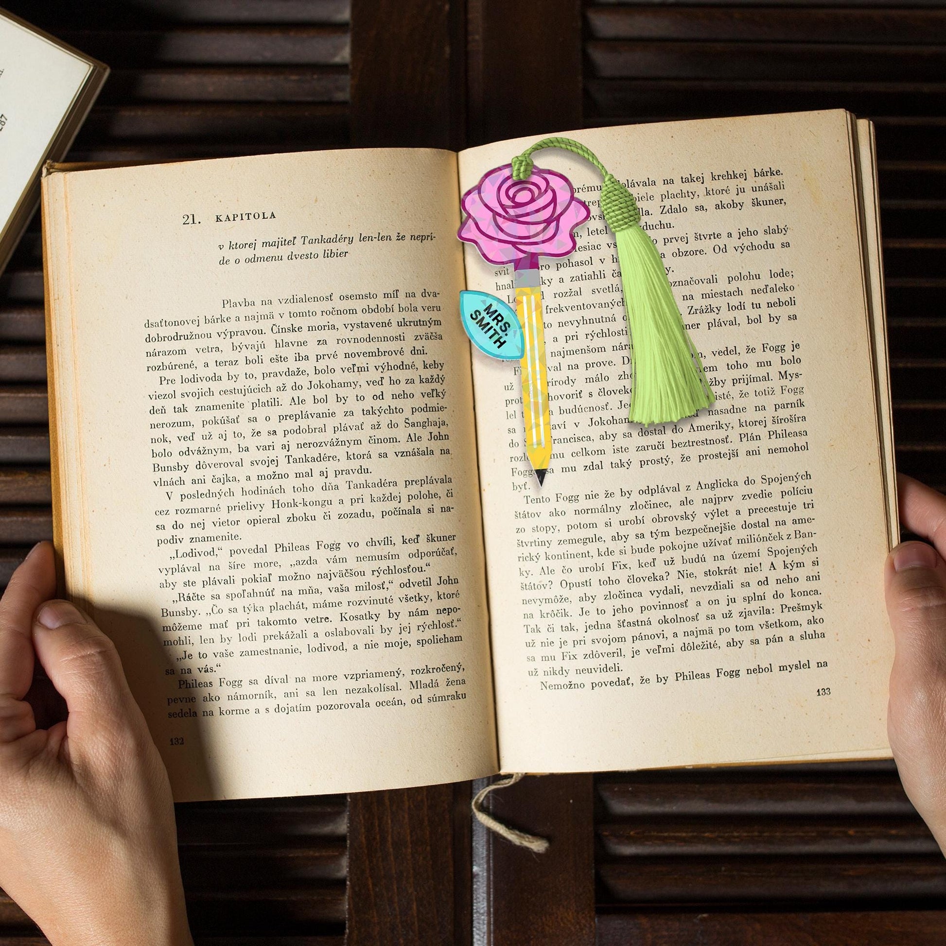 Personalized Teacher Hologram Bookmark with Rose & Pencil – Custom Name Tassel Bookmark for Teacher or Book Lover Gift, Back To School Gift